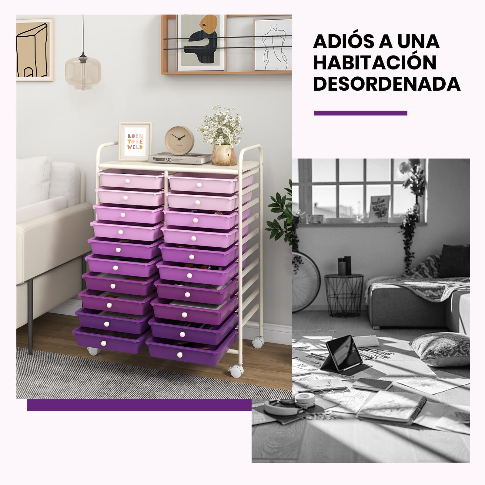GOPLUS Carrito Auxiliar con 4 Ruedas, Carro de Servicios con 20 Cajones, 2 Ruedas con Frenos, Carro de Almacenamiento de Estructura Metálica para Cocina Oficina Baño (Violeta)