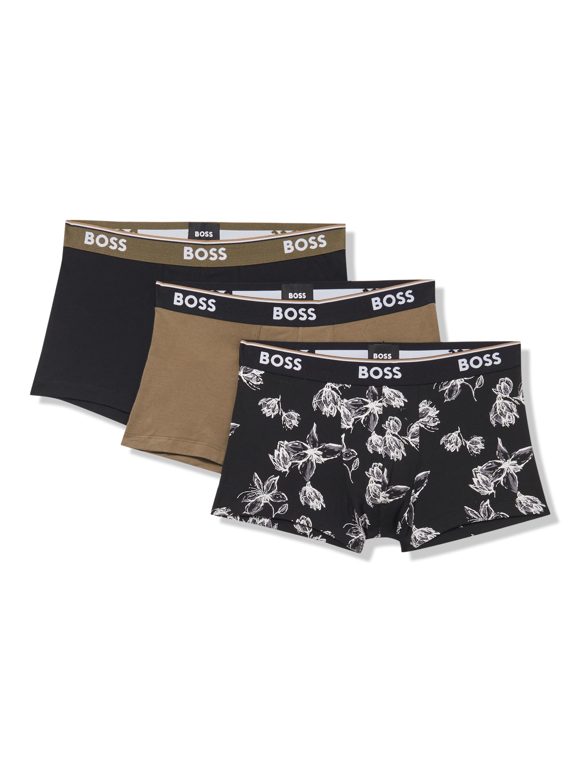 BOSS Men's 3-Pack Multi Design Bold Logo Trunks, Black Flowers/Khaki Green/Black, S