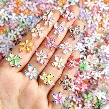 COOSLIM 110PCS Flower Nail Art Charms 3D Hawaii Flowers Nail Rhinestones Hibiscus Floral Nail Gems Colorful Flower Nail Diamonds Summer Nail Jewelry Tiny Flowers Nail Design for Women Nail Supplies