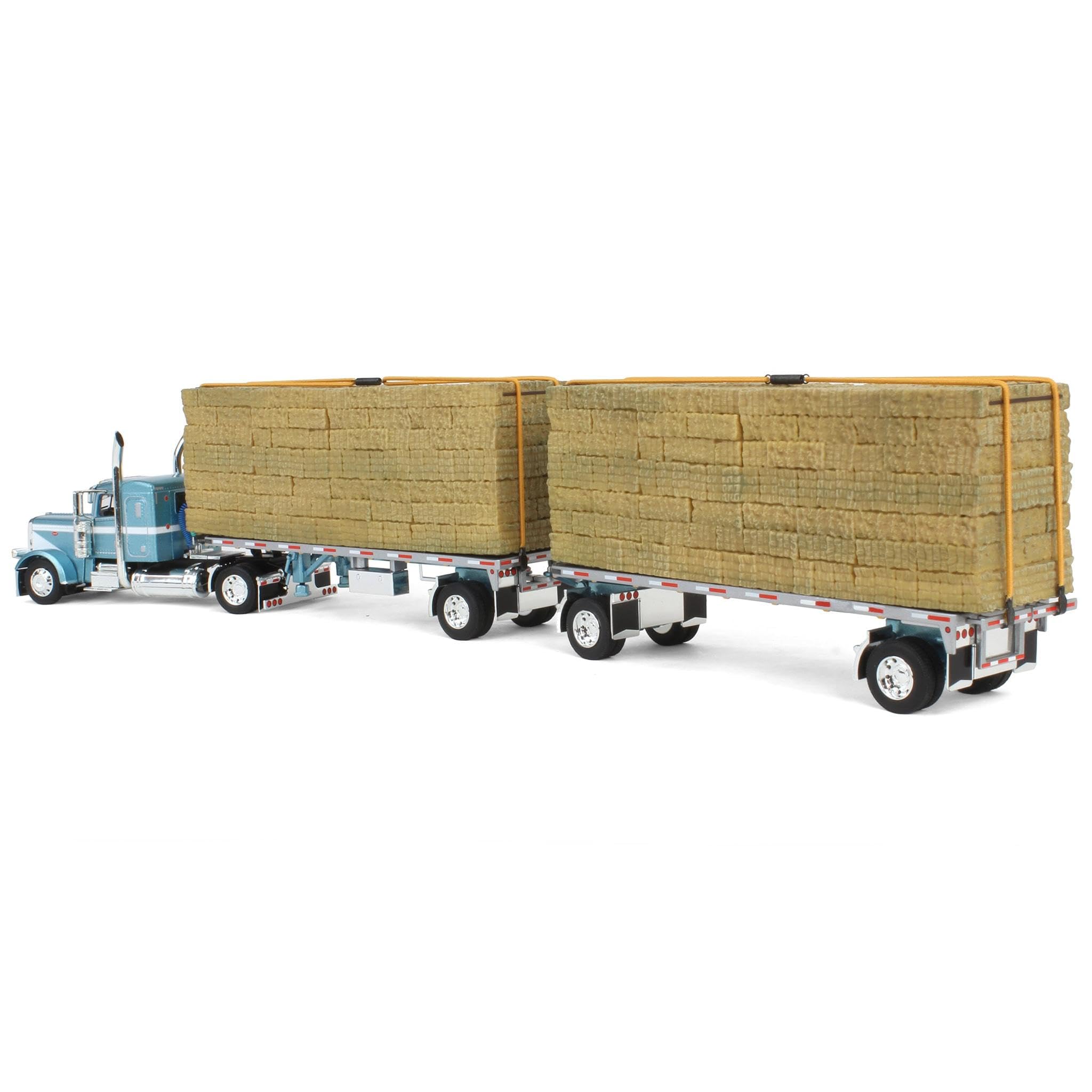 DCP 1/64 Blue Peterbilt 389 36in Flattop w/Dual Flatbeds & Hay
