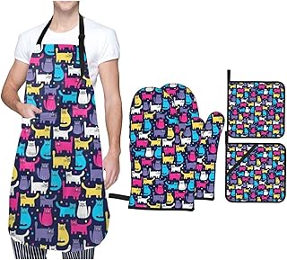 USZDKL Funky Cats fartuch rękawica do piekarnika i garnka uchwyt 5 szt. zestaw, regulowany fartuch rękawice odporne na ciepło dla mężczyzn kobiet