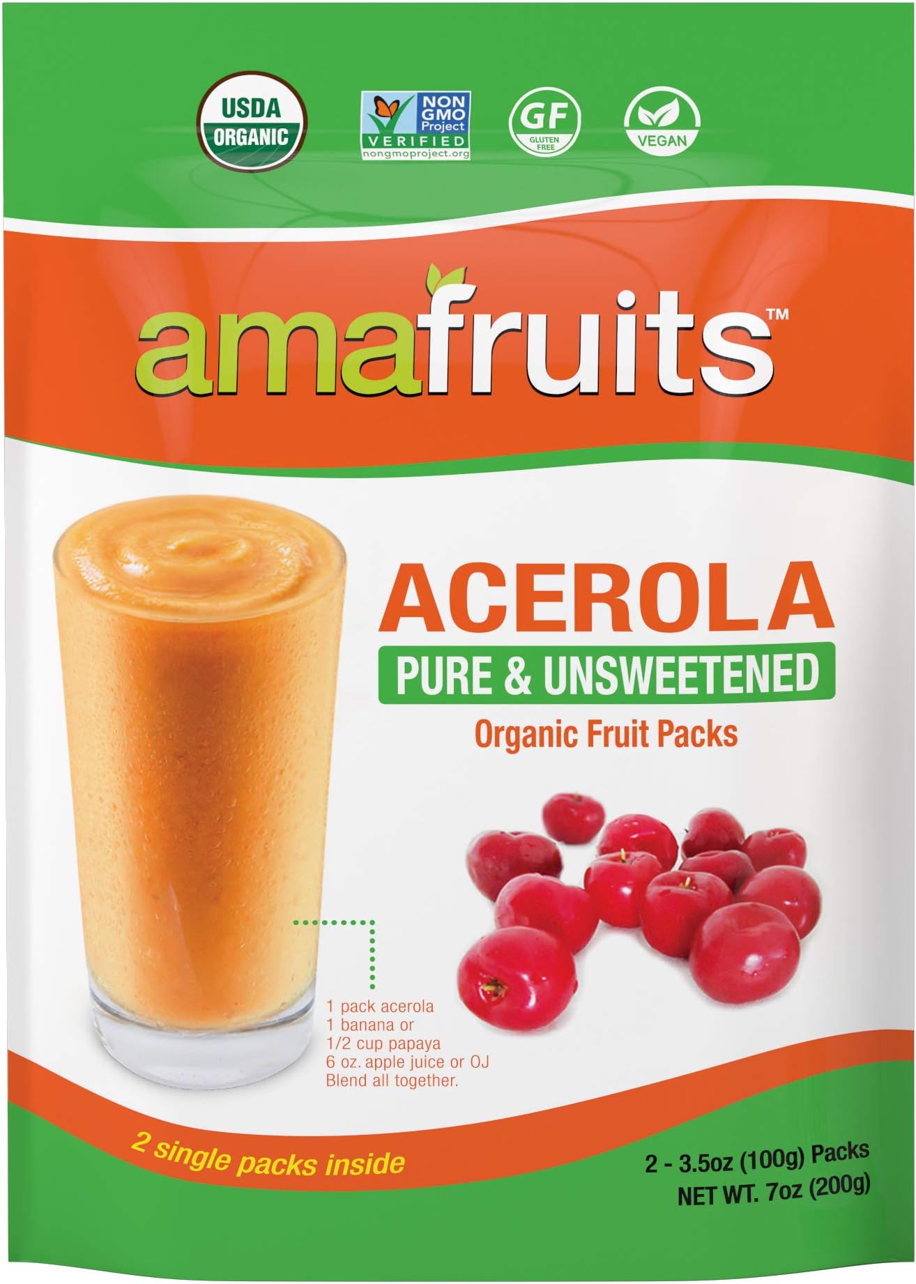 Amafruits Acerola Frozen Puree Pure and Unsweetened / USDA Organic / Non-GMO Certified / Immunity Support / 100% Natural Superfruit / 20 Packs x 3.5oz