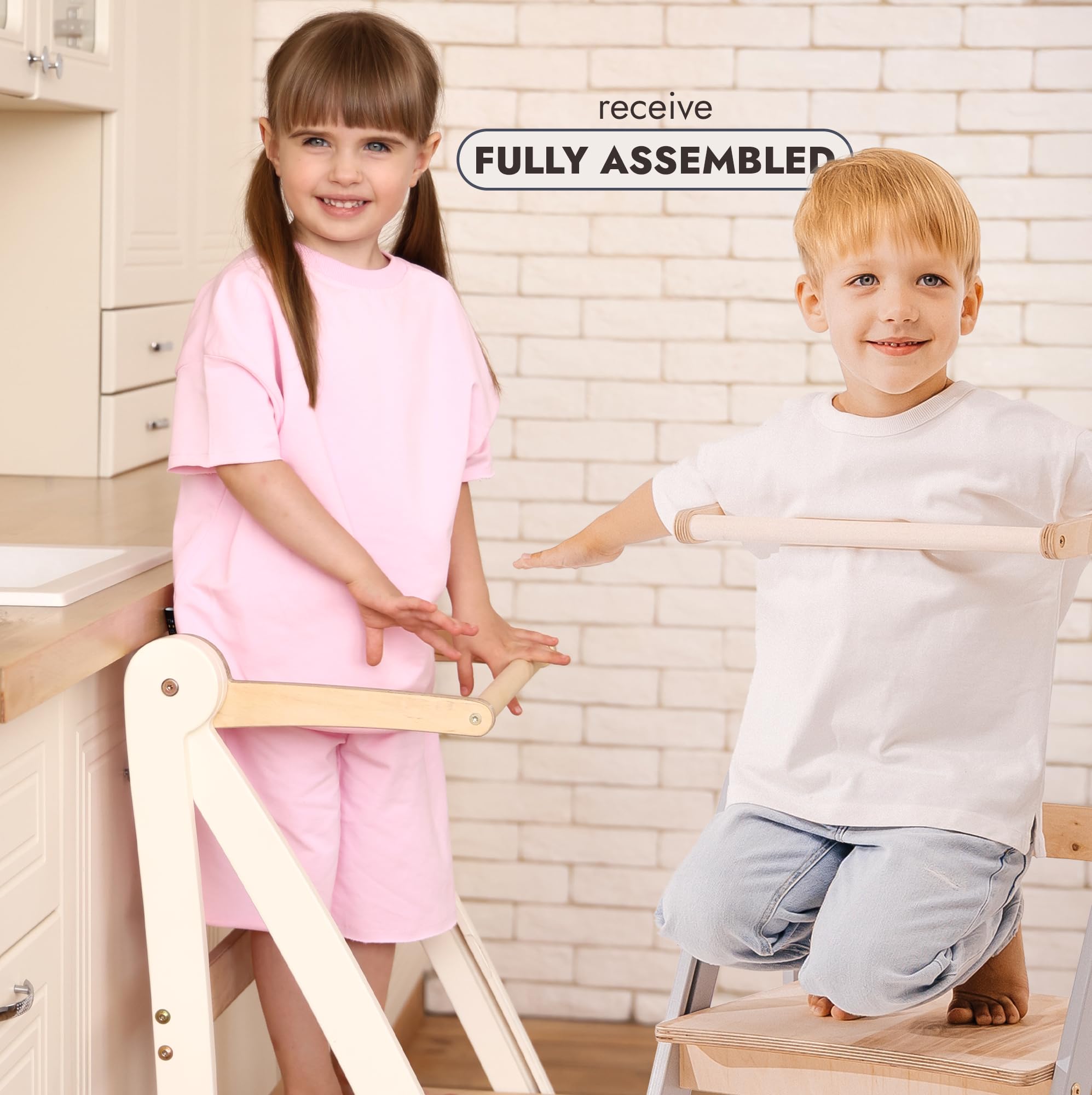 Montessori Learning Tower de madera – Torre de aprendizaje plegable para niños – Ahorro de espacio – Antideslizante – Taburete para cocina y baño – Diseño delgado
