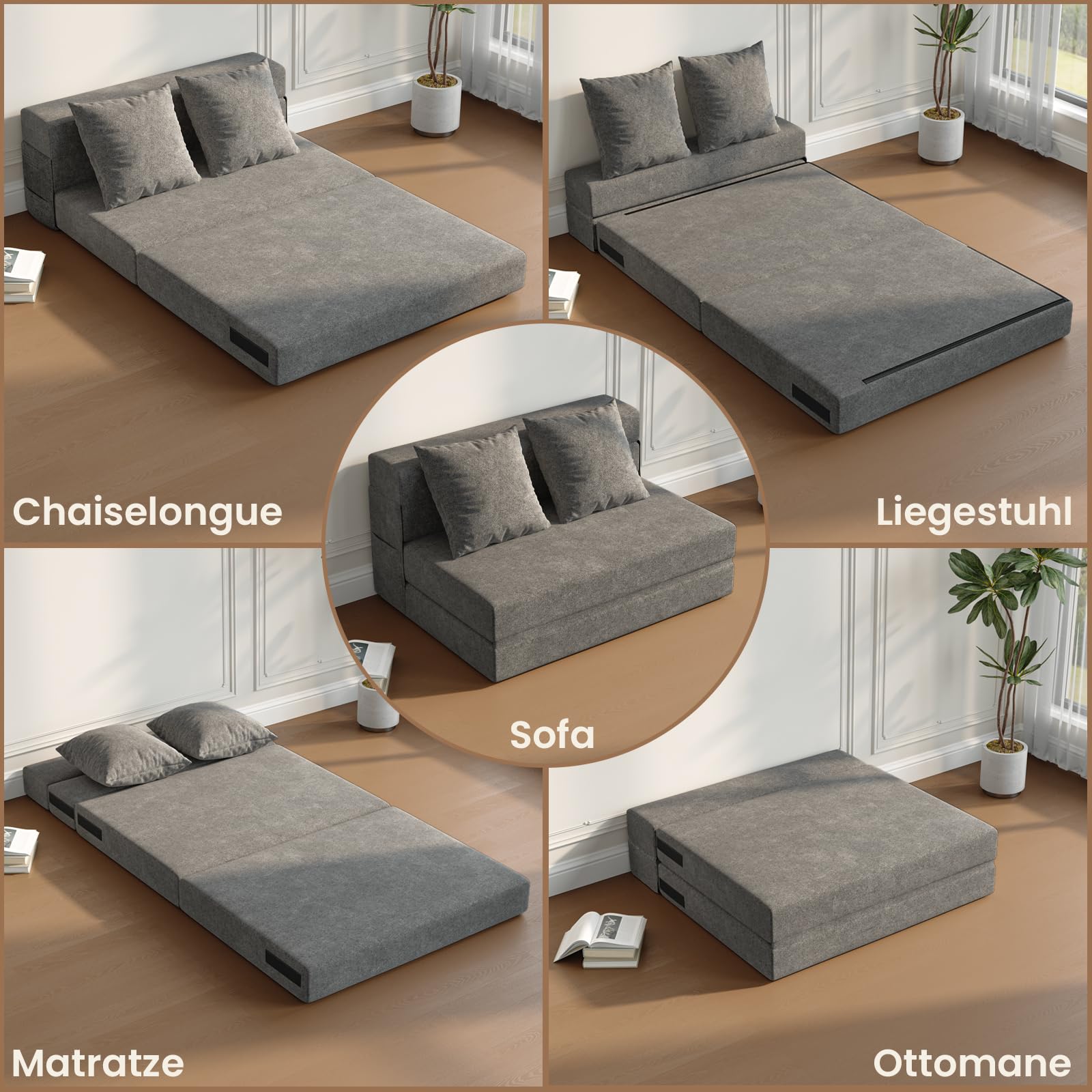 Schlafsessel mit Bettfunktion, 5 in 1 Klappbar Schlafsofa 99 cm Breit Bettsofa mit Kissen & Seitentaschen, Bodenmatratze für Wohnzimmer Schlafzimmer Büro Gästezimmer, Dunkelgrau
