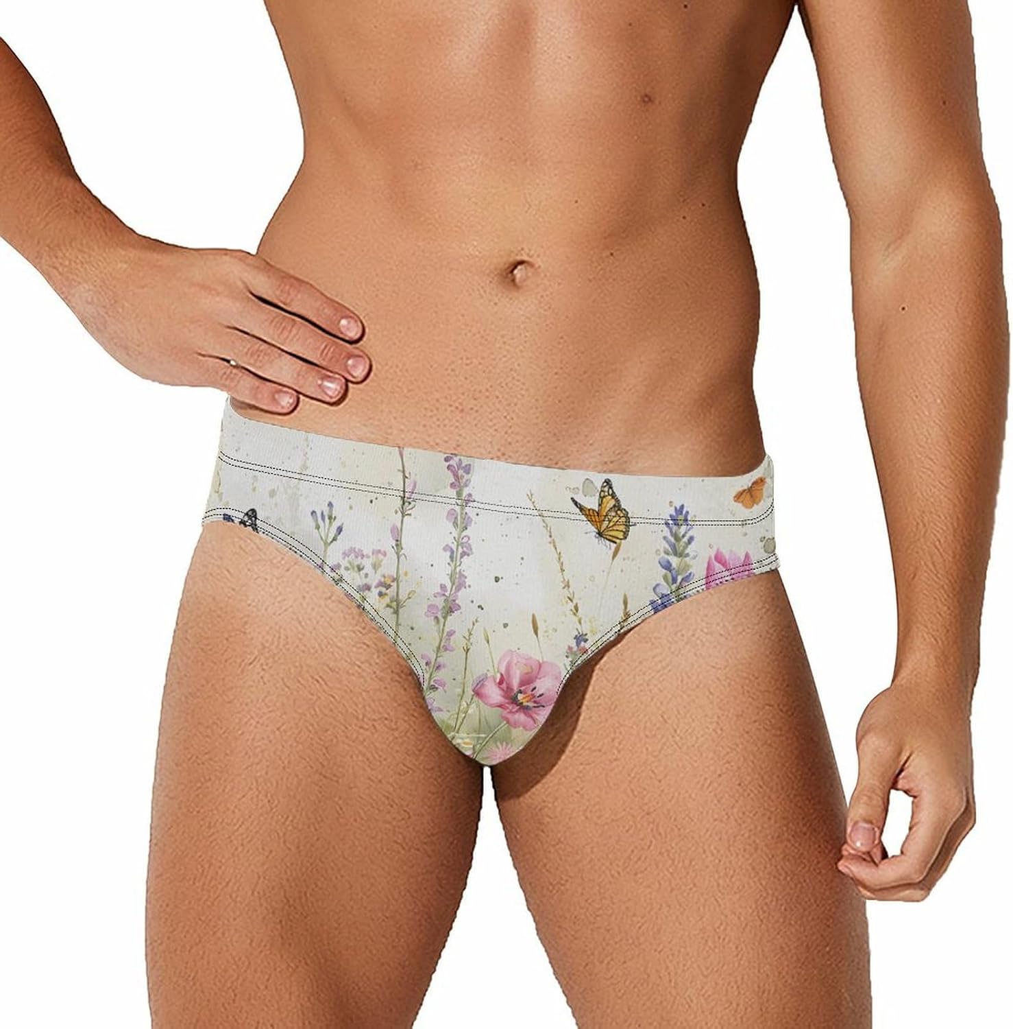 Watercolor Wildflowers Butterflies Mens Swim Briefs Print Bikini Swimwear Sport Swimsuit Surf Shorts Trunks