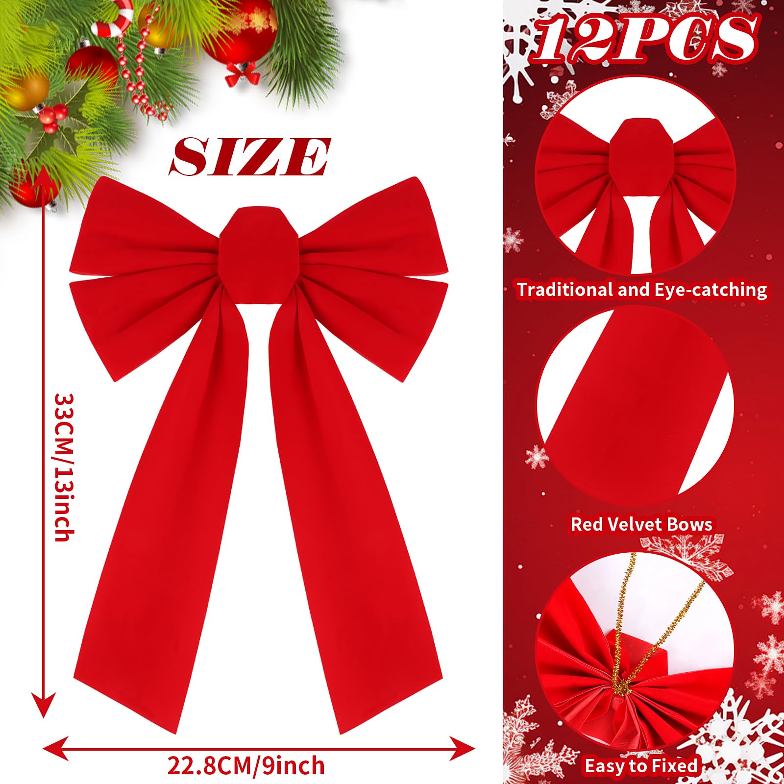 KIMOBER 12PCS Large Red Velvet Christmas Bows, 13 X 9 Inches Decorative Christmas Wreath Bows for Xmas Tree Garland Party Decoration
