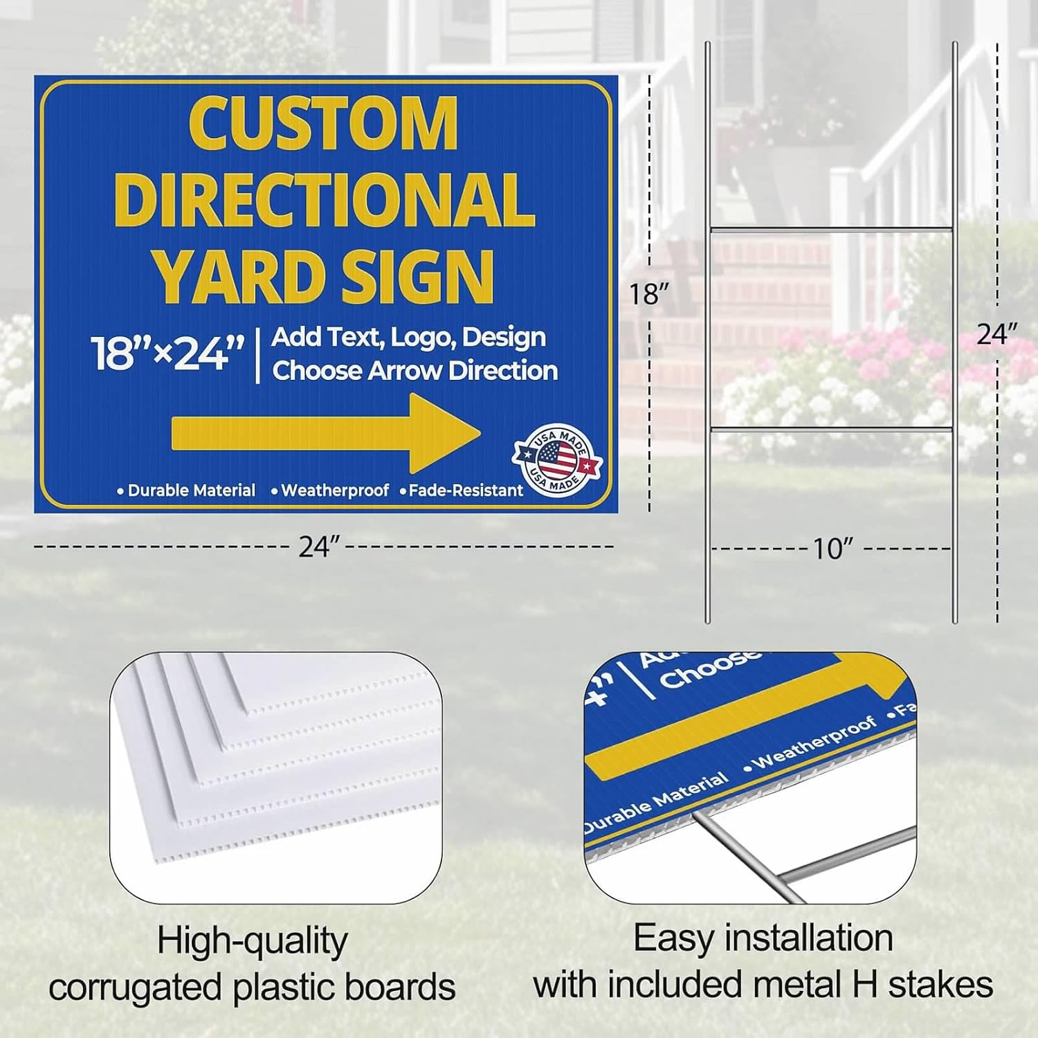 Custom Directional Yard Sign with Arrow – 18"x24" Double- or Single-Sided Corrugated Plastic with H-Stake – Personalized Outdoor Sign for Events, Parking, Weddings & Business Directions