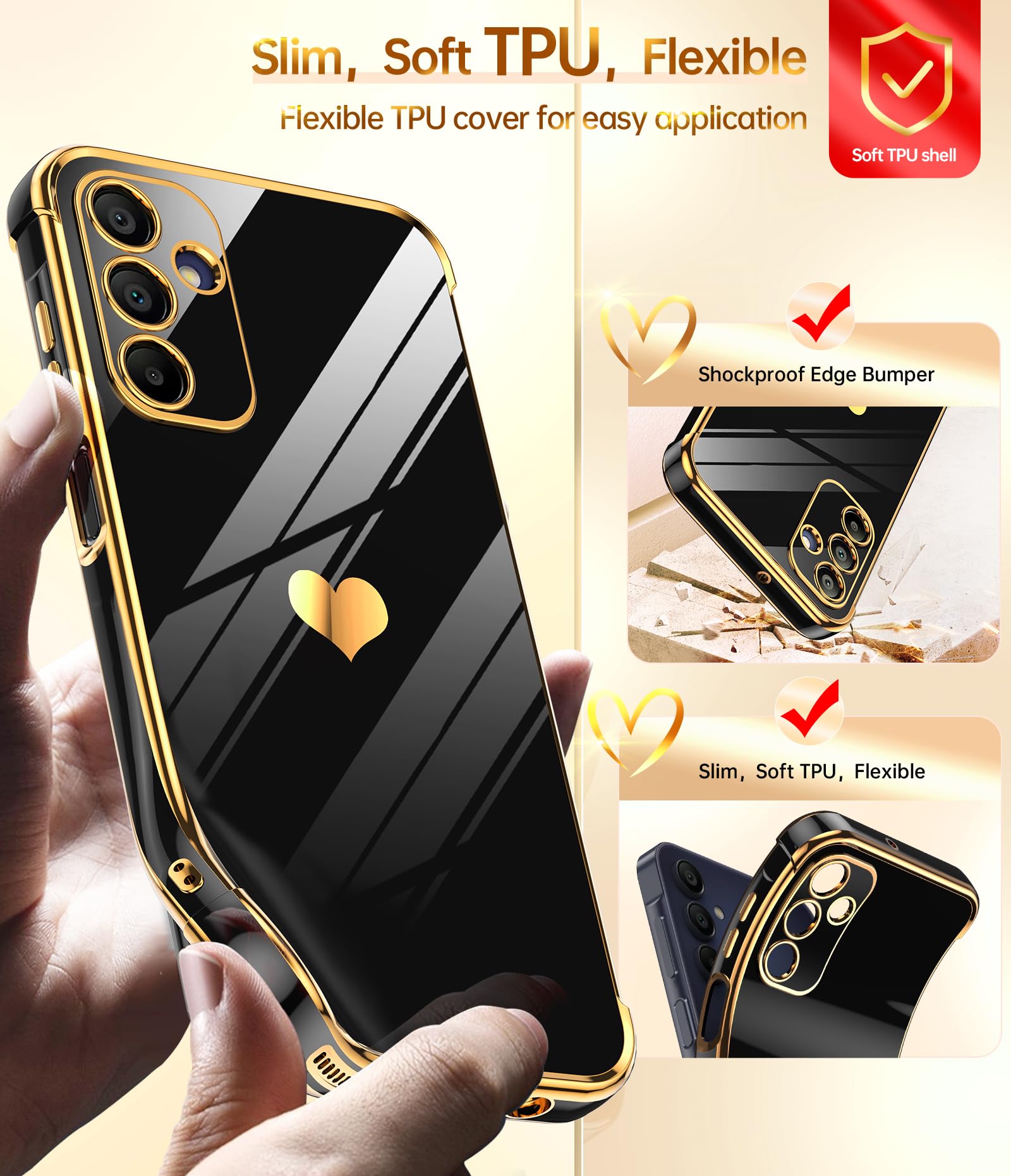 LeYi Cover per Samsung Galaxy A15 5G Custodia con Vetro Temperato [2 Pack], Amore Cuore Paraurti Morbido TPU Sottile Case con Protezione Fotocamera per Samsung A15 Donne, Nero
