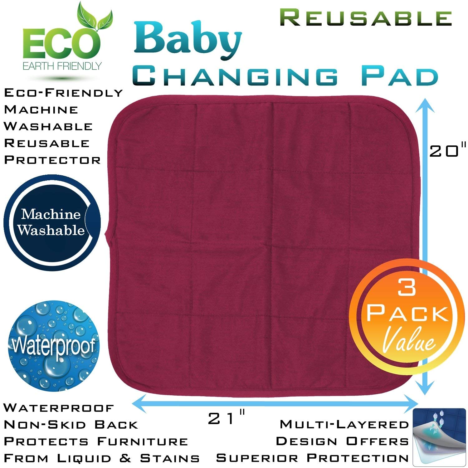 Comfort Finds Baby Changing Pad – Absorbent Reusable Diaper Changing Mat - Portable Waterproof Toddler Changing Liner (Burgundy, 3 Pack)