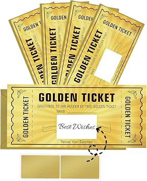 WenmthG 5 Sets Golden Ticket With Envelope, Scratch Card Surprise Gift Reveal for Birthday, Wedding, Concert, Cinema Voucher, Raffle Gift