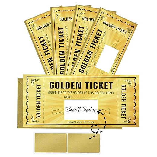 5 Sets Golden Ticket With Envelope, Scratch Card Surprise Gift Reveal for Birthday, Wedding, Concert, Cinema Voucher, Raffle Gift