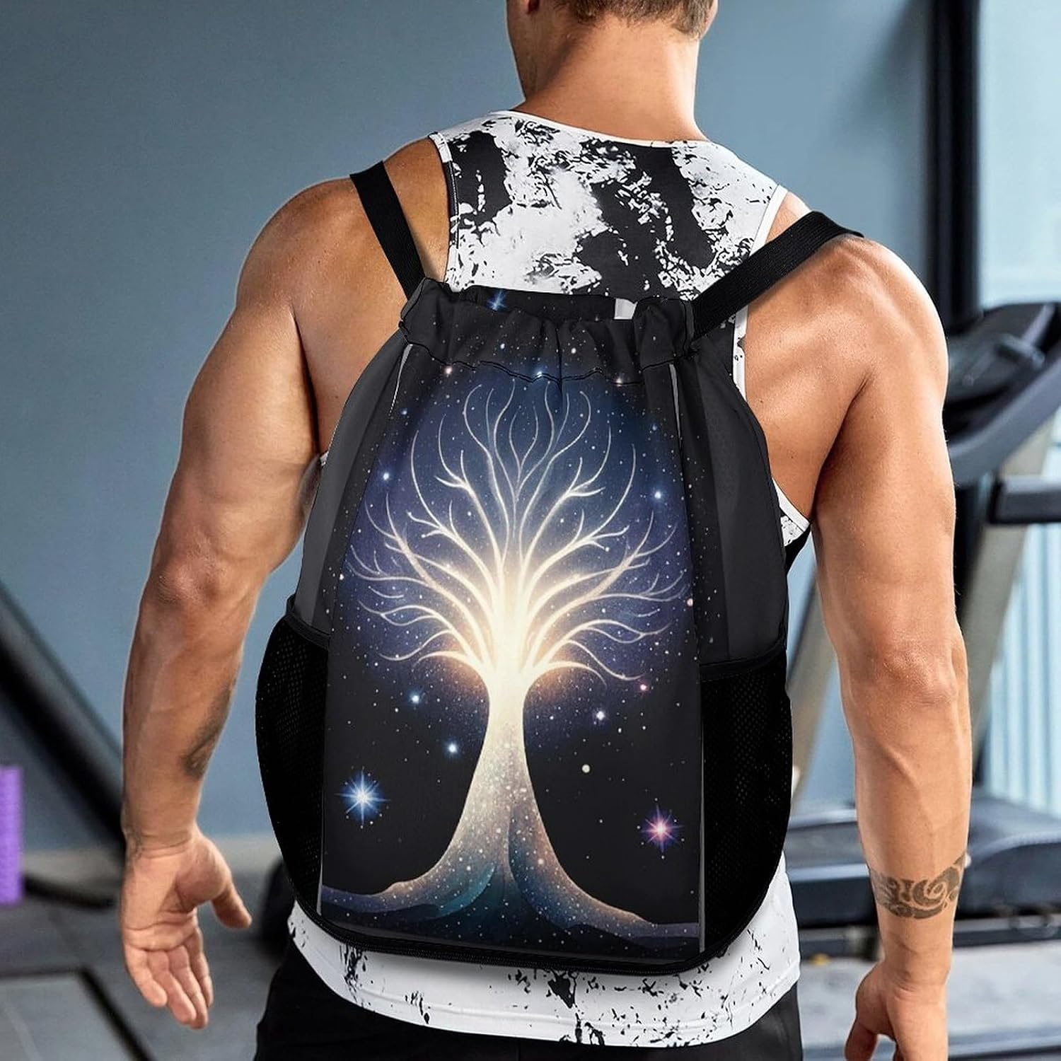 The Tree of Psychic Life Drawstring Backpack with Wet Pocket - Large Capacity Gym Bag with Shoe Compartment & Mesh Pockets, Adjustable Lightweight Gym Backpack for Swimming, Travel, Workout
