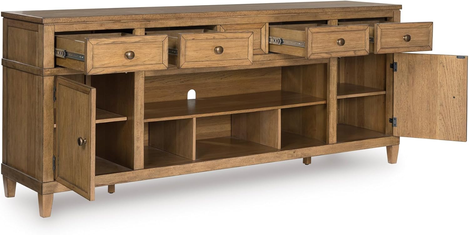 Signature Design by Ashley Sharlance Farmhouse 81" TV Stand for TVs up to 93" with Adjustable Shelves and Wire Management, Light Brown