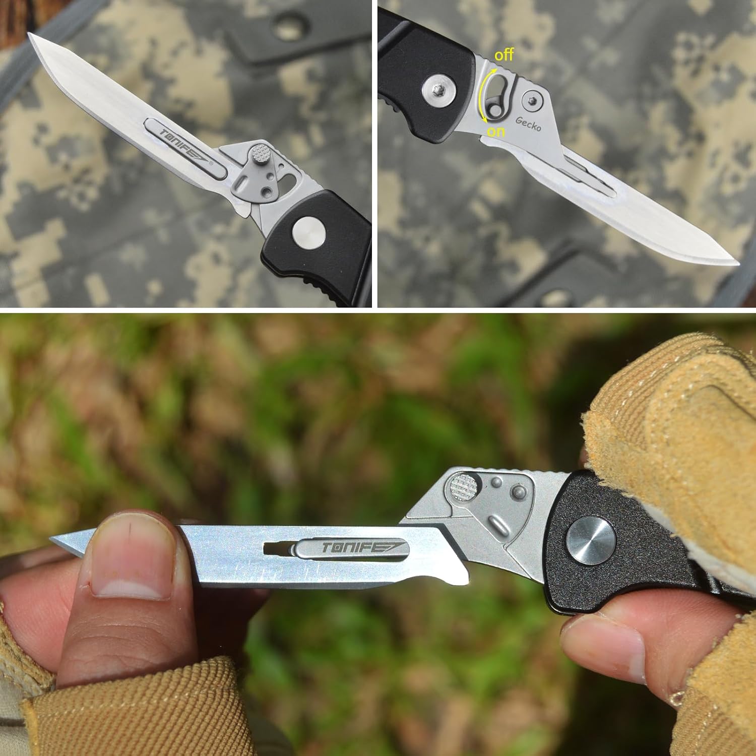 TONIFE Gecko EDC Folding Knife, 2.4" Replaceable Blade Pocket Knife with 5 Blades, Quick-Change Design, Lightweight Aluminum Handle, Pocket Clip and Nylon Sheath (black)