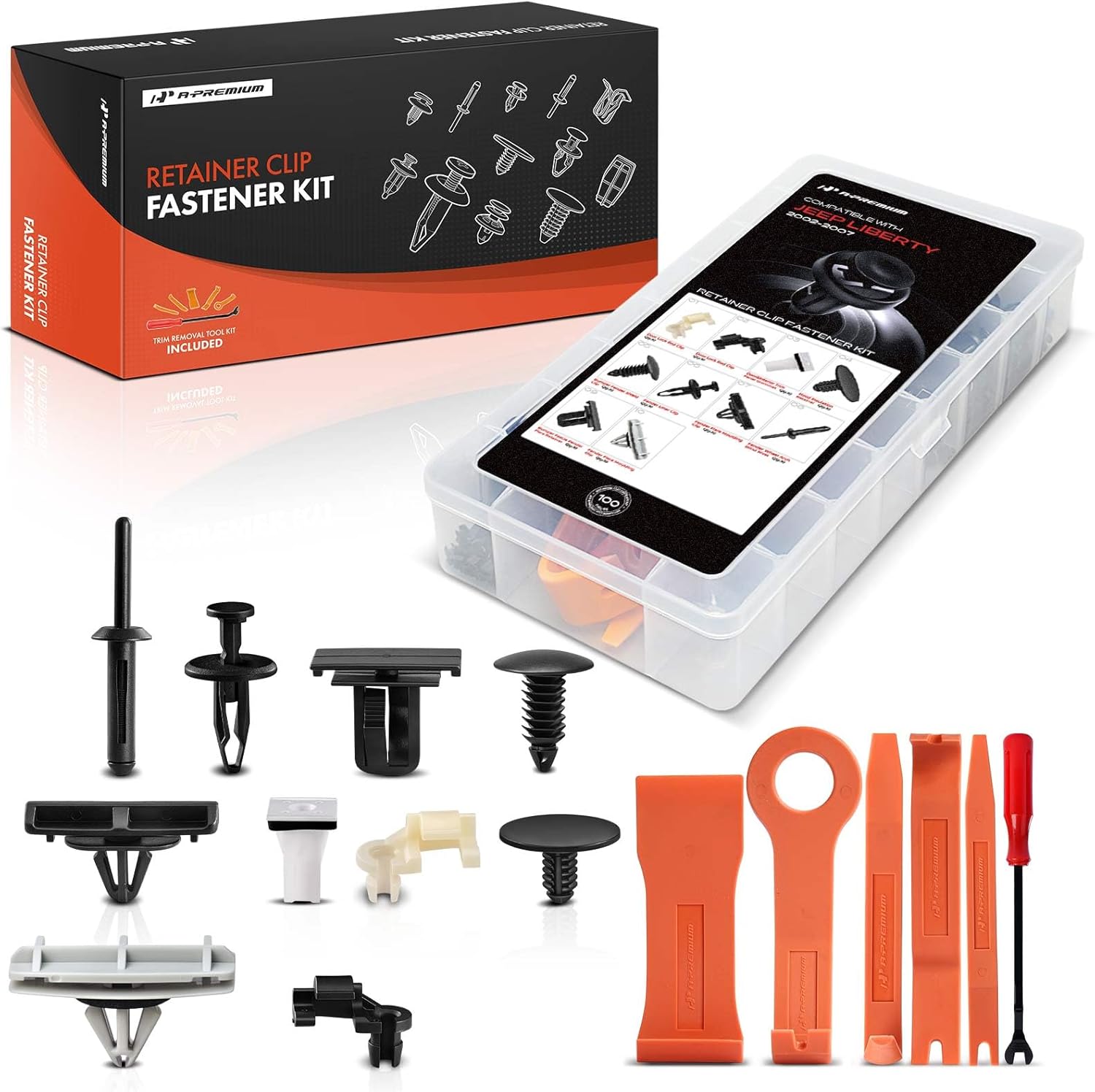 A-Premium 100PCS (10 Sizes/34 oz) Bumper Fender Retainer Clips Kit - Compatible with Jeep KJ Series Liberty 2002-2007 - Hood Door Trim Panel Push Pin Plastic Nylon Rivet Fastener Set, w/Removal Tool