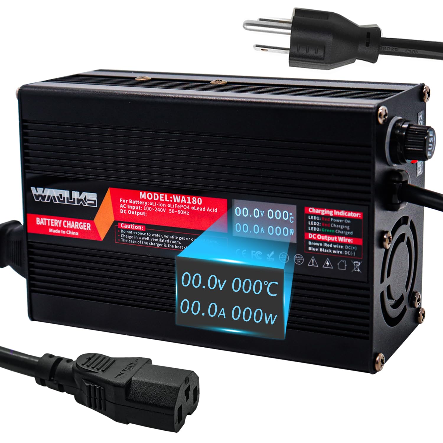 WAOUKS 29.4V 5A Li-ion Battery Charger Output C13 Connector Use for 7S 24V Lithium Battery Pack with Cooling Fan OLED Display