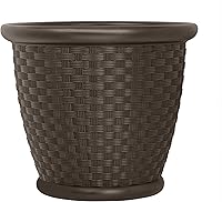 Suncast Sonora 22-Inch Dark Brown Wicker Plastic Planter - Indoor/Outdoor Garden Flower Pot for Porch, Patio & Entryway
