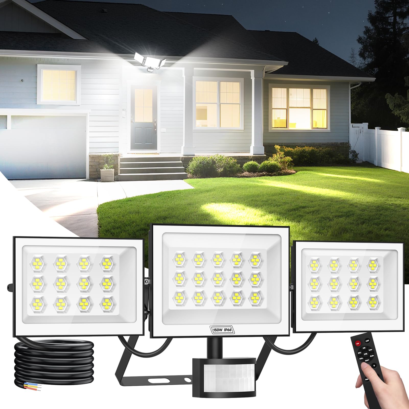 Viugreum Security Lights 150W 15000LM, Led Floodlight with PIR Motion Sensor & Remote Control, IP65 Waterproof 6500K Outdoor Sensor Light, 3 Heads Adjustable for Yard, Court, Street, Parking Lot