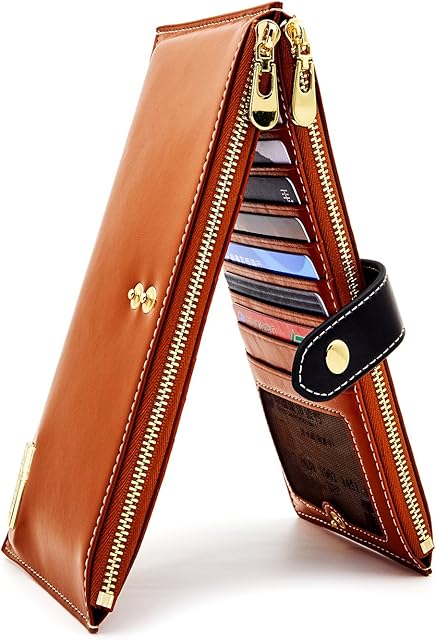ANDOILT Women's Genuine Leather Wallet RFID Blocking Credit Card Holder Zipper Purse Cell Phone Handbag brown(Size: one size)