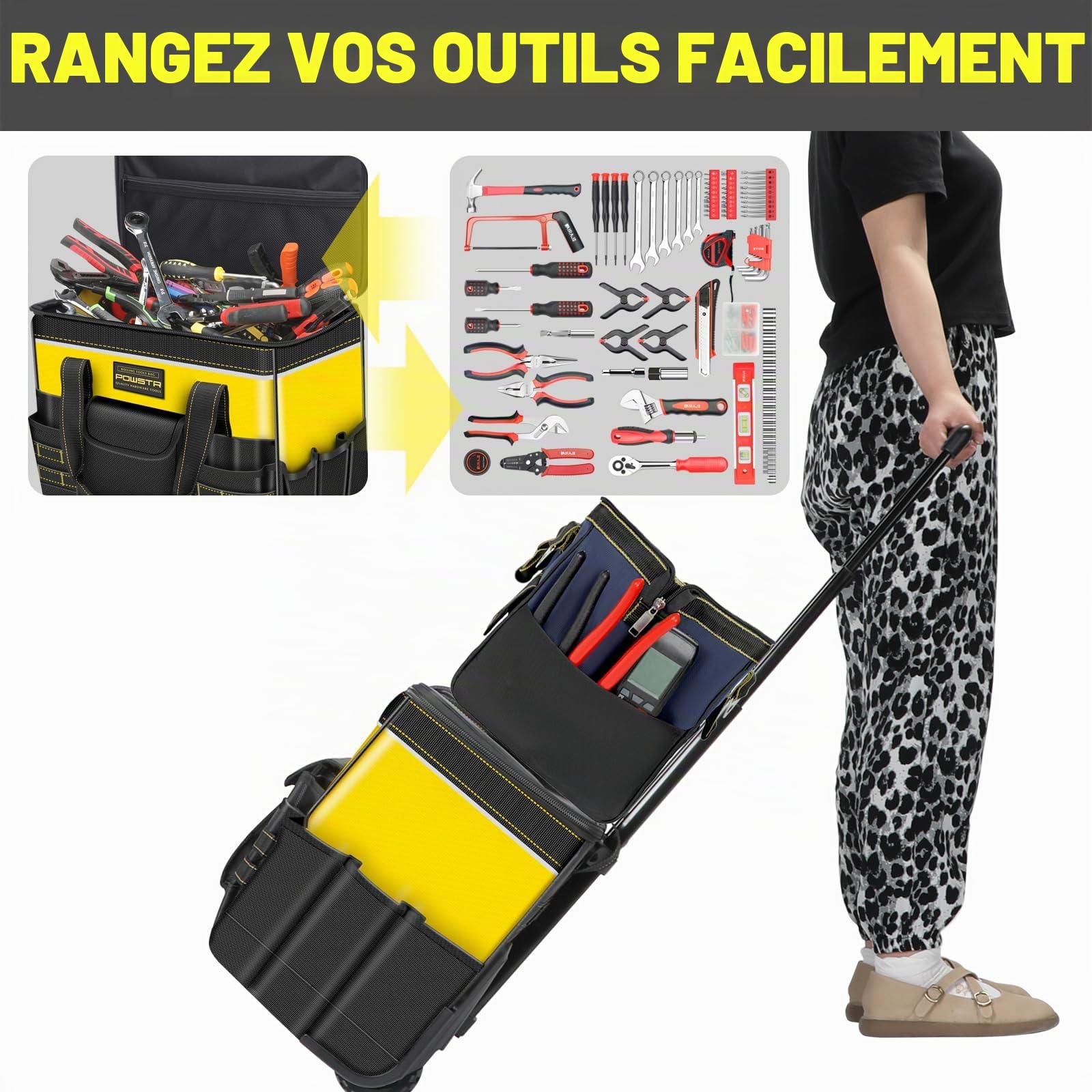 53,3cm Sac à Outils à Roulettes De Avec Roulettes, étanche Avec Poignée Télescopique, 18 Poches,Sacs à Outils Multi-usages Pour la Construction, électricien, Jaune/Noir