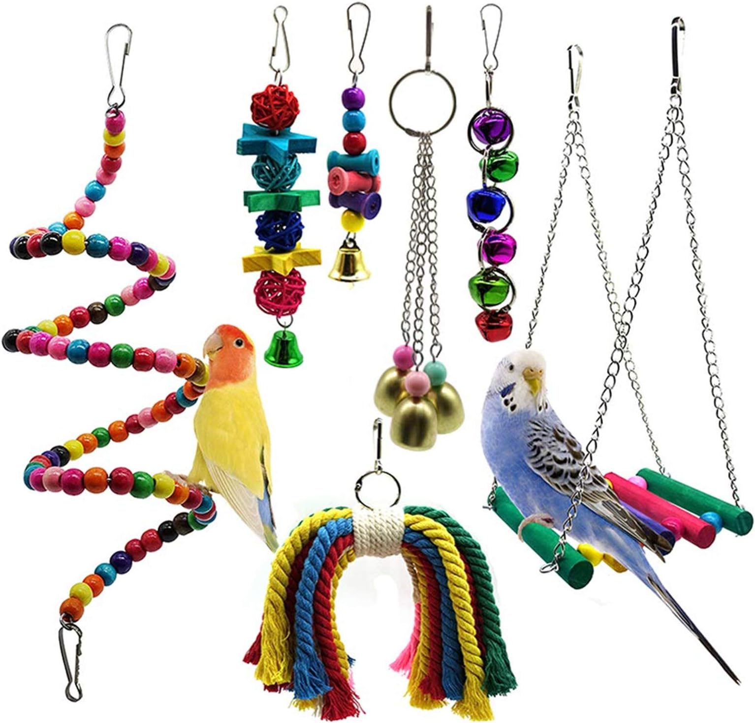 STAJOY Bird Toys,7 Packs Parakeet Bird Cage Toys Swing Chewing Hanging Parrot Perches with Bell,Wooden Ladder Hammock for Conures,Cockatiels,Budgie and Lovely Birds