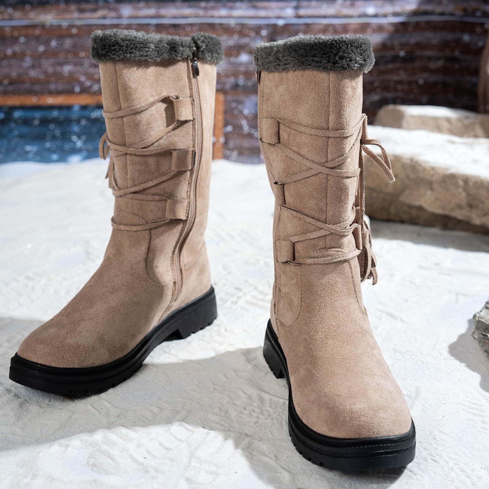 Botas por Encima de la Rodilla Botas de Ante Invierno Media Pantorrilla con Cremallera Lateral y Forro Polar para máxima Comodidad y Calidez. Calzado Informal Moda.