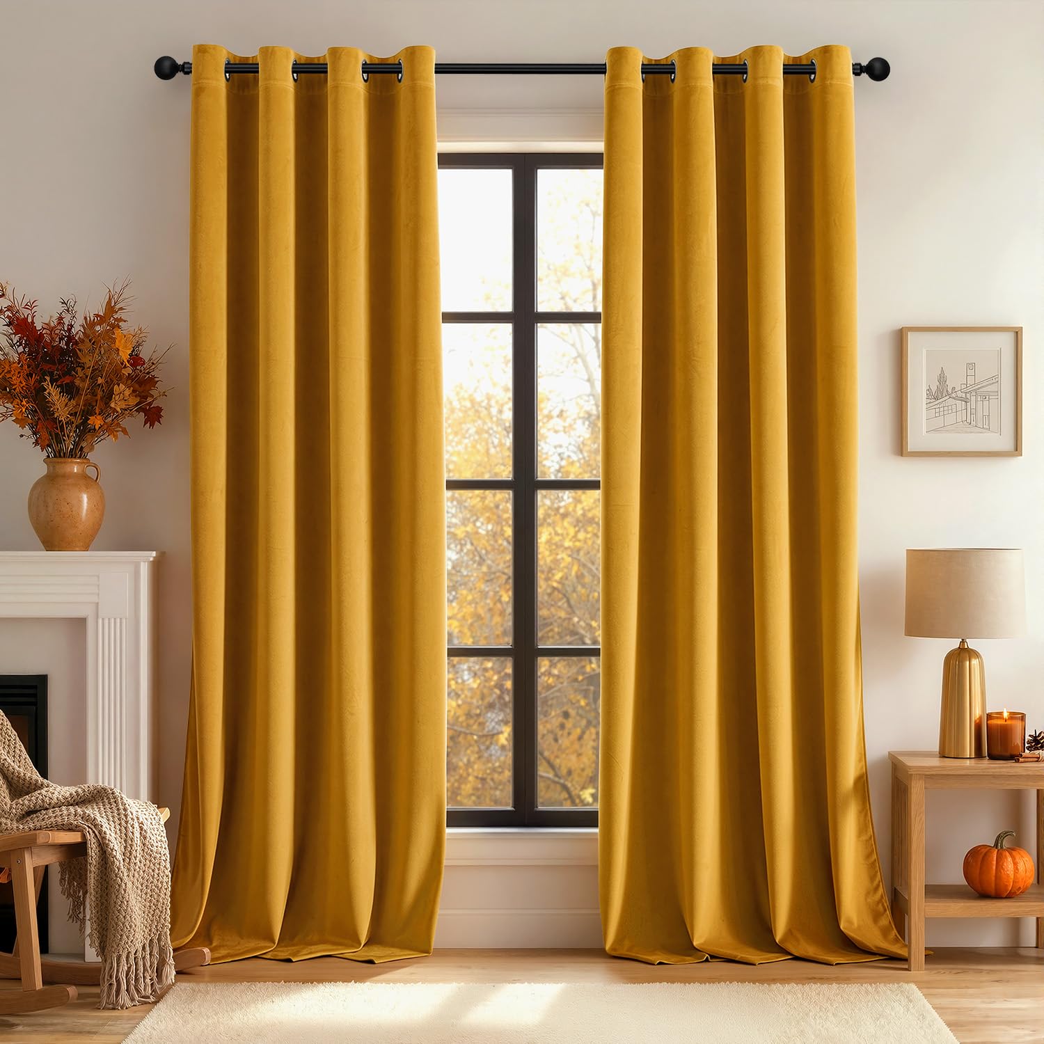 EMEMA Samtvorhänge mit Ösen 2er Senfgelb Verdunklungsvorhänge H300xB140cm | Samtvorhänge mit Ösen Gardinen Deko Wohnzimmer Weich Verdunkelung Curtains Thermovorhang Schalldämmend Schlafzimmer Gardinen