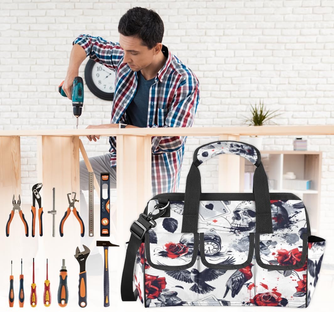 Skull Head With Rose Tool Bag for Men and Women, 14.8inch Heavy Duty Tools Tote Organizer Bags, Waterproof Tool box Storage Bag with Adjustable Shoulder Strap