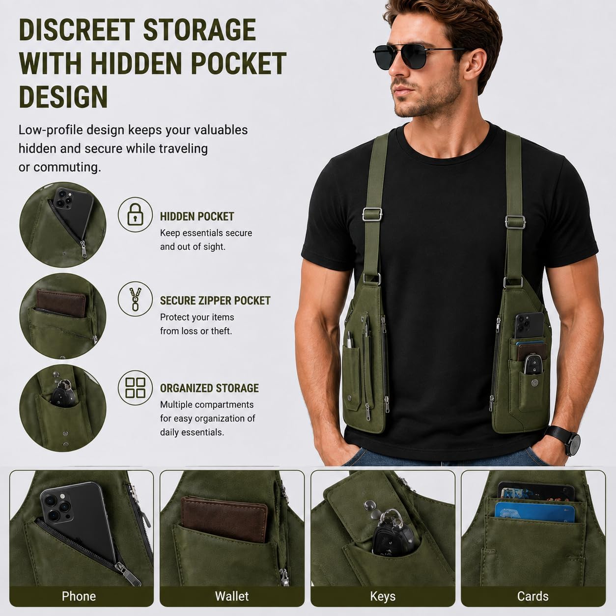 Men's Shoulder Bag, Double Shoulder Armpit Bag, Underarm Shoulder Bag with Adjustable Strap, Hidden Pocket Anti Theft Crossbody Bag for Men, Travel Wallet Phone Holder for Daily Commute image 3