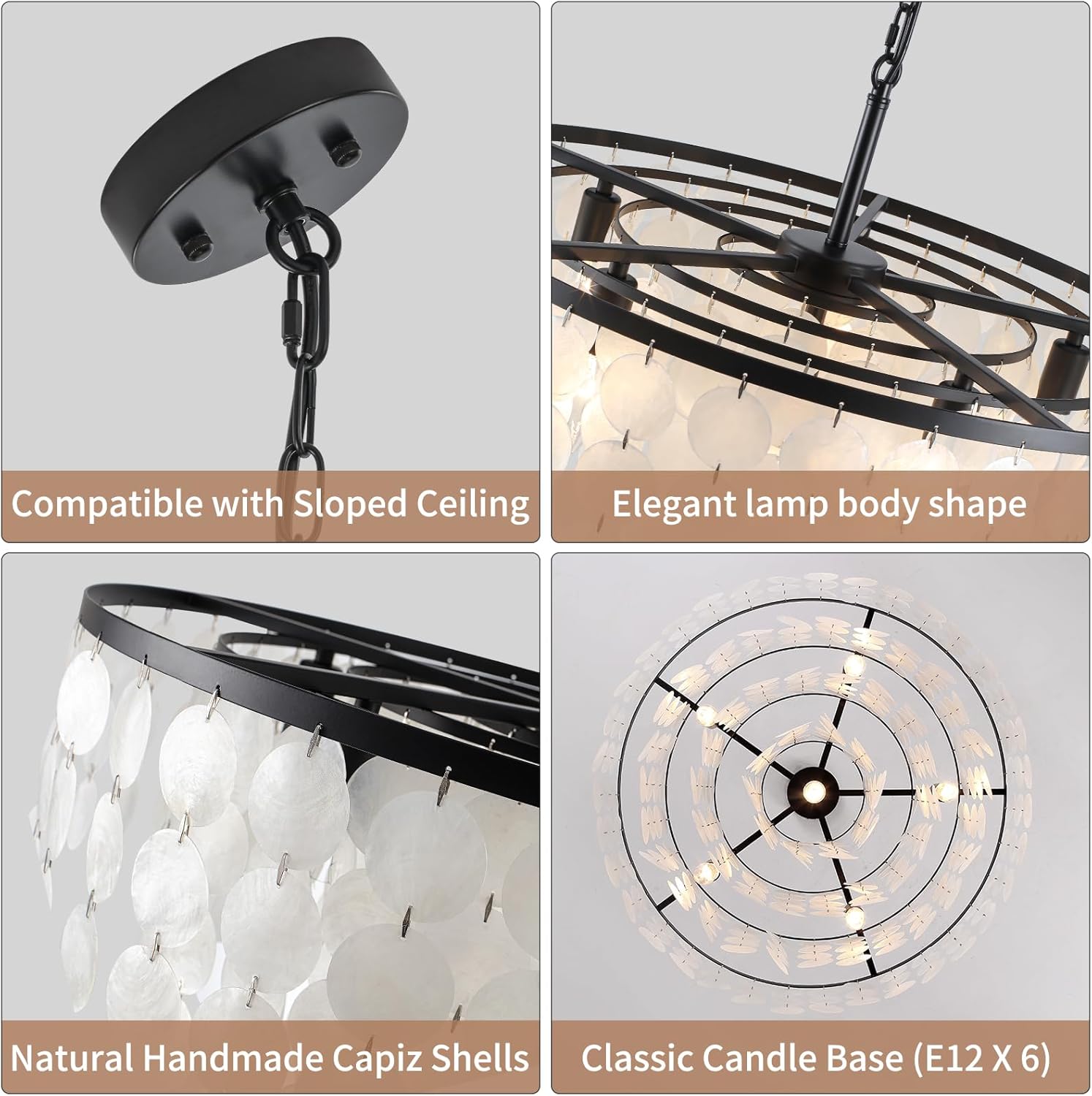 24.21" Capiz Shell Chandelier, 6 Light Natural Shell Ceiling Hanging Light Fixtures, Modern Coastal Chandeliers for Living Room Bedroom Bathroom Kitchen Foyer, Black