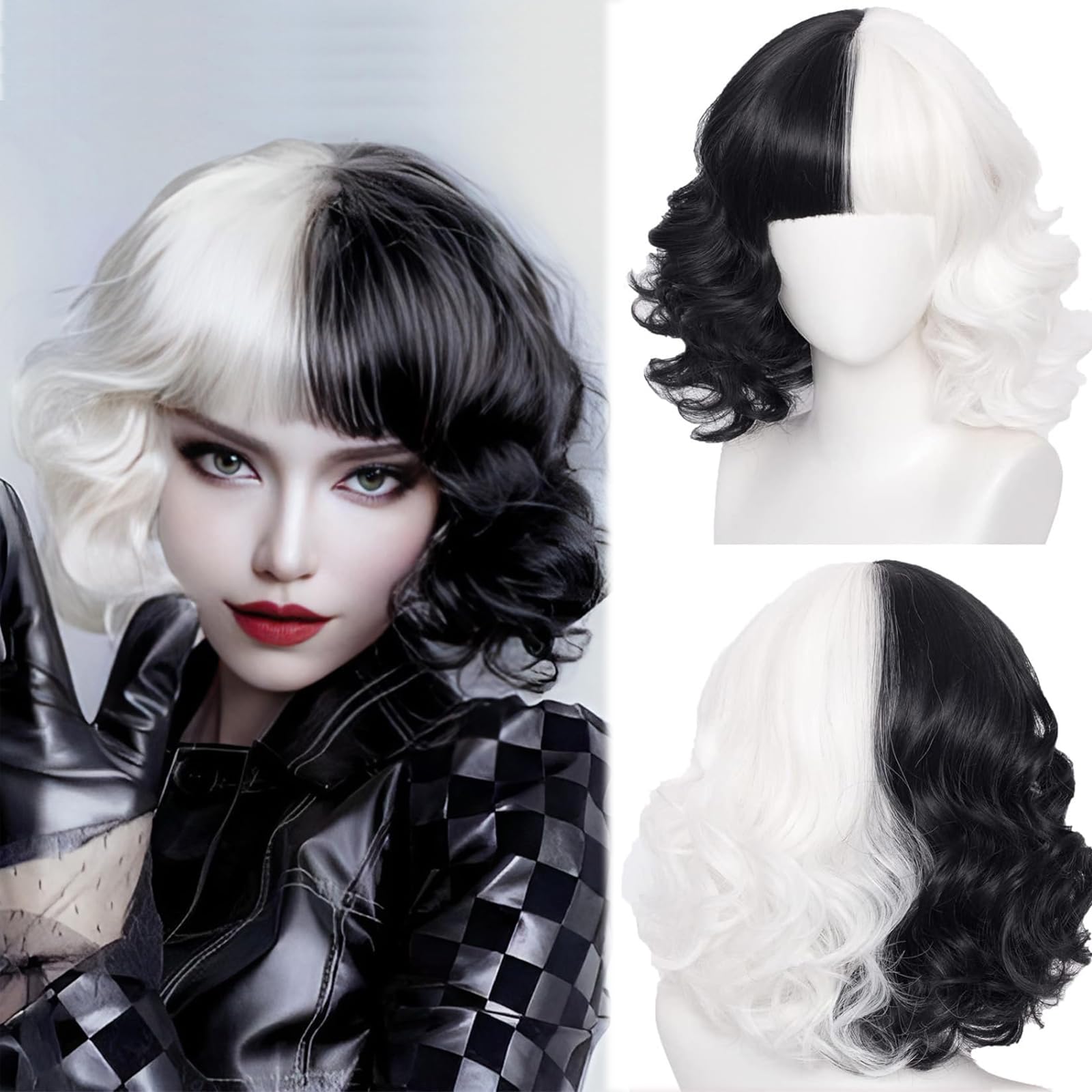 Cruella Wigs,Half Black and White Wigs for Women Ladies,Synthetic Short Bob Wavy Curly Wig with Bangs,Halloween Fancy Dress Accessories Cosplay Party Cruella Deville Costume Adult