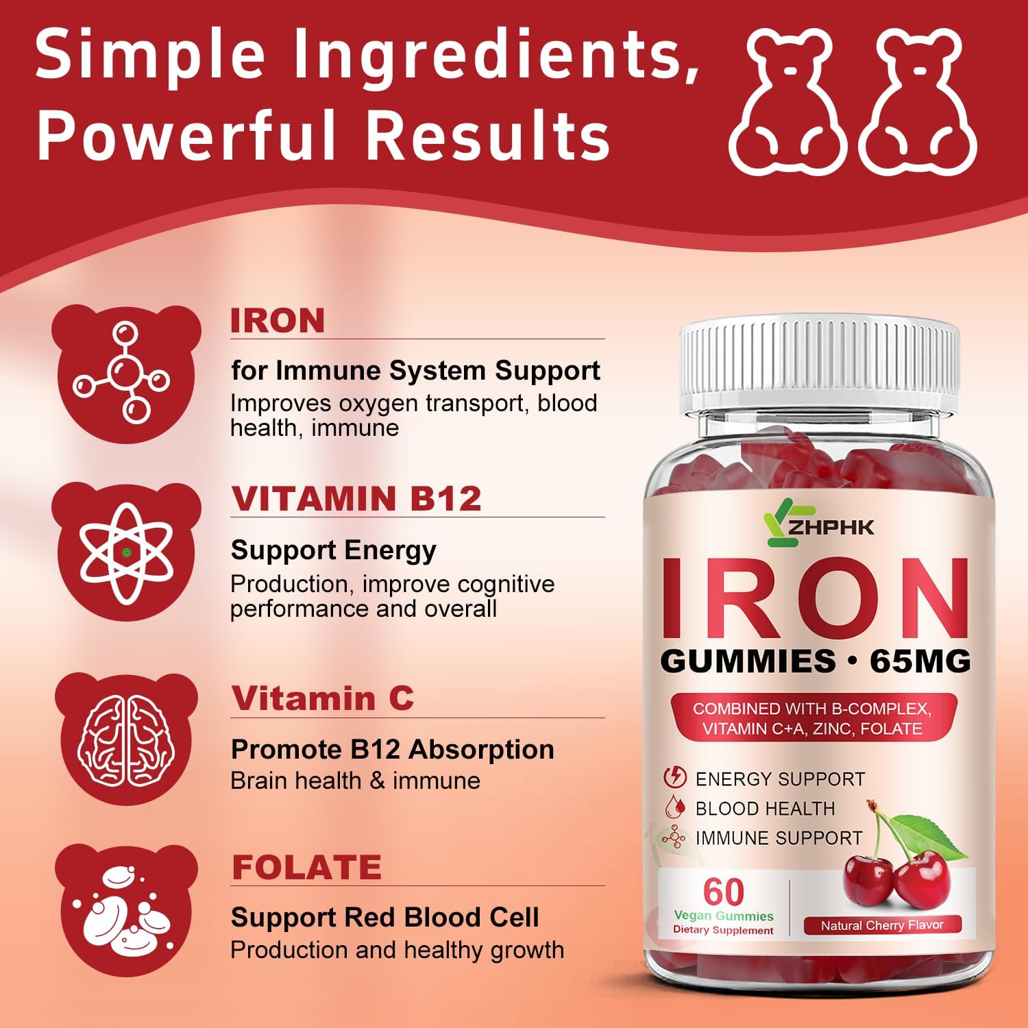 Iron Supplement for Women, Men & Kids, Iron 65mg & Vitamin C 250mg per Serving with B6 B12 Folate- Energy Support for Iron Deficiency, Anemia, Vegan Gummy Cherry Flavor, 60 Count - Image 3