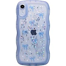 Qokey for iPhone XR Case, Glitter Star & Curved Edge Handle Grip Design, Military-Grade Shockproof Clear TPU Cover, Sparkle Protection Scratch-Resistant, Holographic Blue Bow