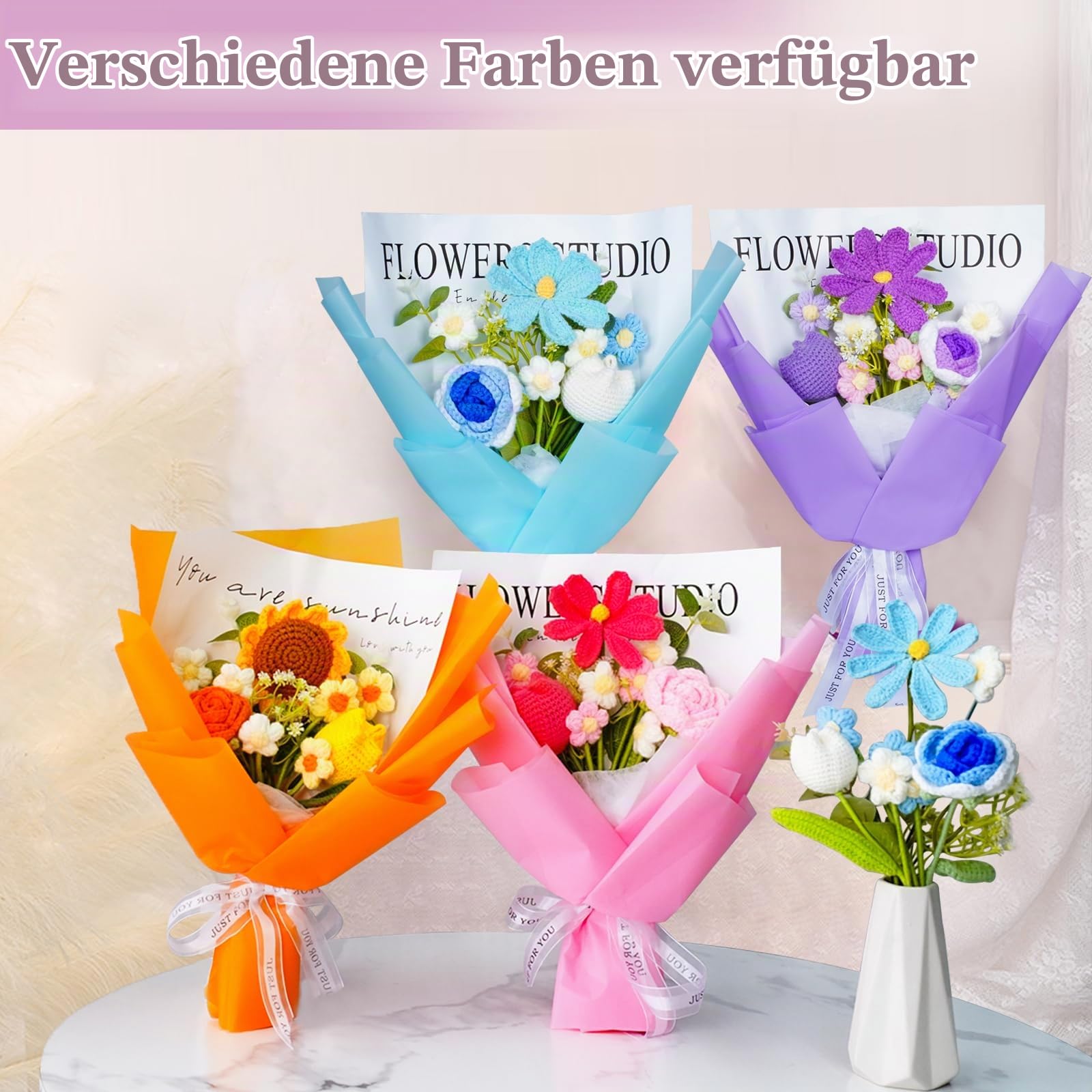 Gehäkelter Blumenstrauß in Rosa, Handgemachte Künstliche Blumen, Allergikerfreundliche Frühlingsdeko & Ästhetische Raumdeko