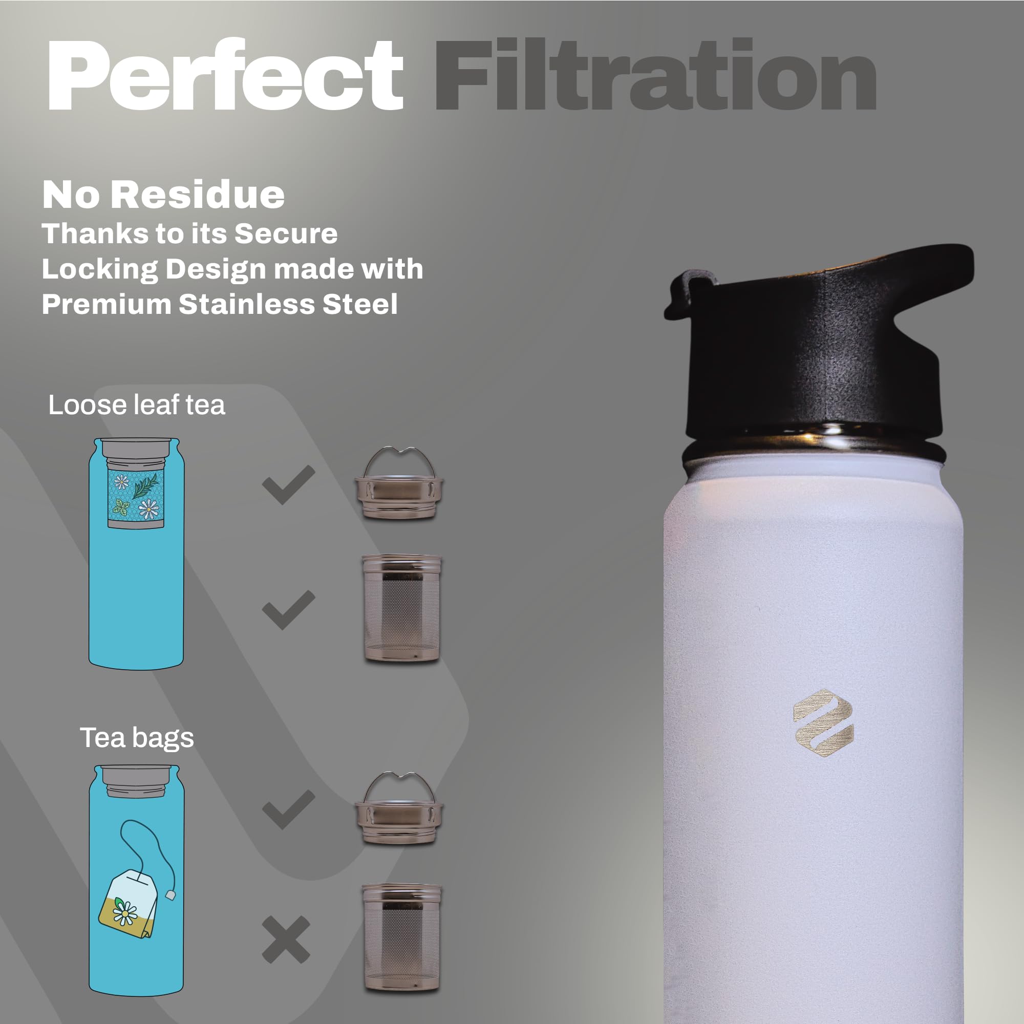 Botella de agua aislada de 20 onzas, 2 tapas e infusor de té, mantiene las bebidas calientes 12 horas y frías 24 horas, acero inoxidable, sin BPA, a prueba de fugas (blanco)