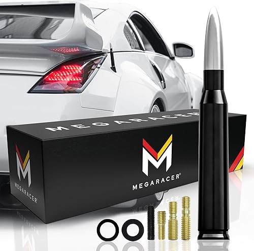 Mega Racer Base negra con antena de punta plateada para camiones, automóviles y SUV, ajuste universal de 5.5 pulgadas, aluminio sólido 6061, diseño