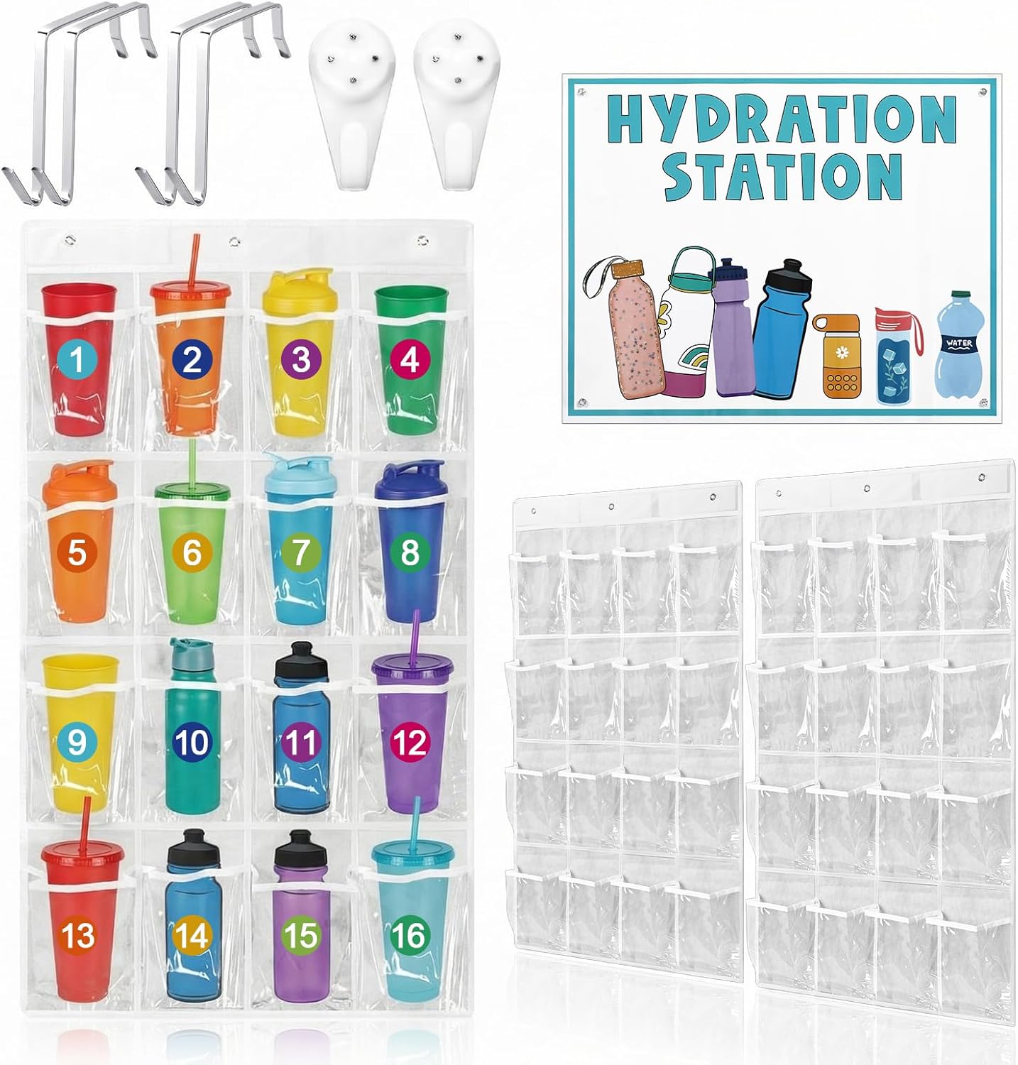 AmazingSpark 2 Pcs Water Bottle Organizer for Classroom 32 Holders over the Door Storage Rack for Cup and Various Sizes with Hydration Station Sign Sticker(PVC,Classic,Transparent)