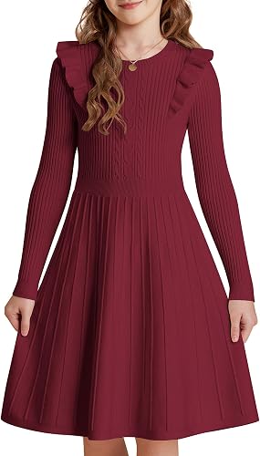 GRACE KARIN Girls Christmas Sweater Dress Long Sleeve Ribbed Ruffle Kids Pullove