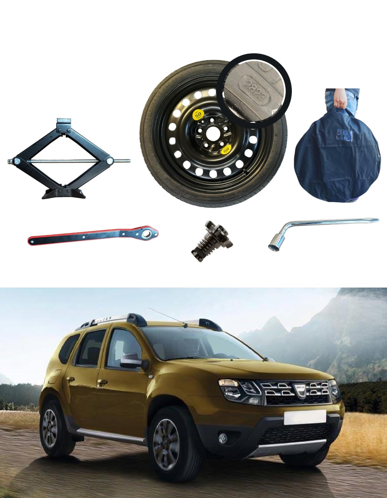 Kit de roue de secours 17" compatible avec Dacia Duster avec Cric, Clé, Vis et Sac 125/80R17