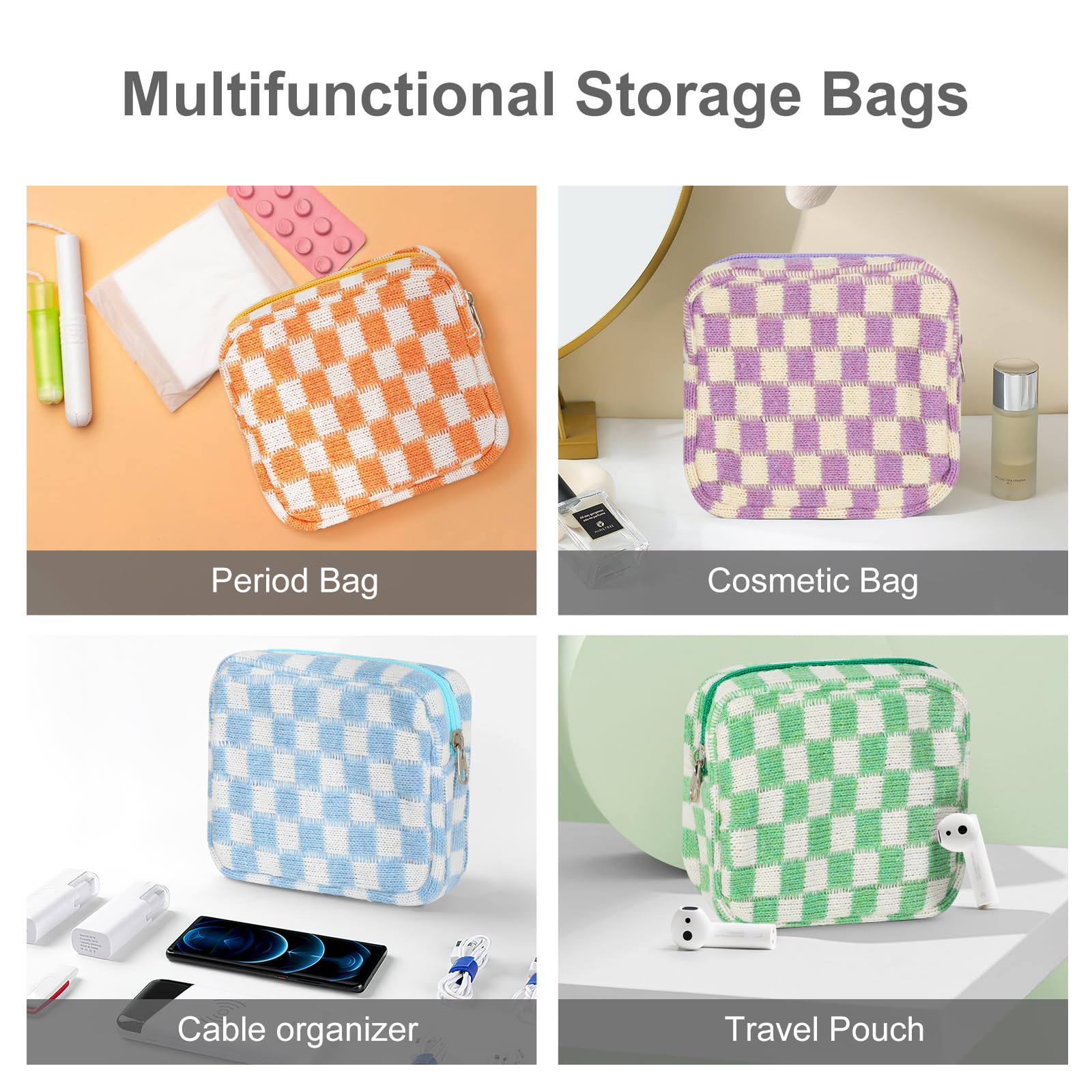 Sanitary Napkin Storage Bag, Menstrual Pad Zipper Bag Checkered Portable Period Bag Panty Liners, Tampon Storage Pouch for Women Ladies Daily Use Storage Purse Travel