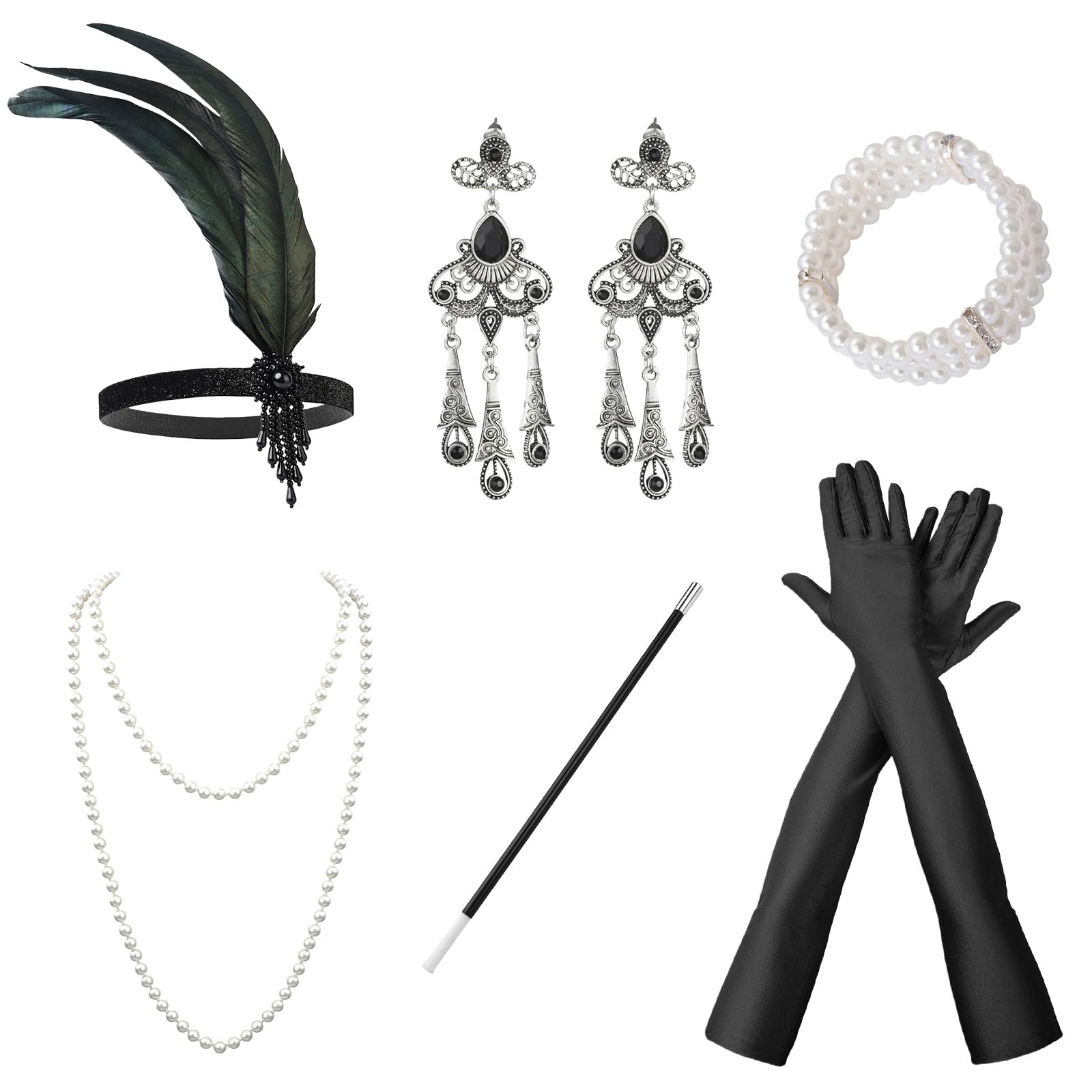 GWAWG 6PCS 1920s Accessories Set Flapper, Roaring 20's Theme Set for Women, Headband Long Gloves Necklace Earrings Handheld Prop Bracelet for Women Ladies Theme Party