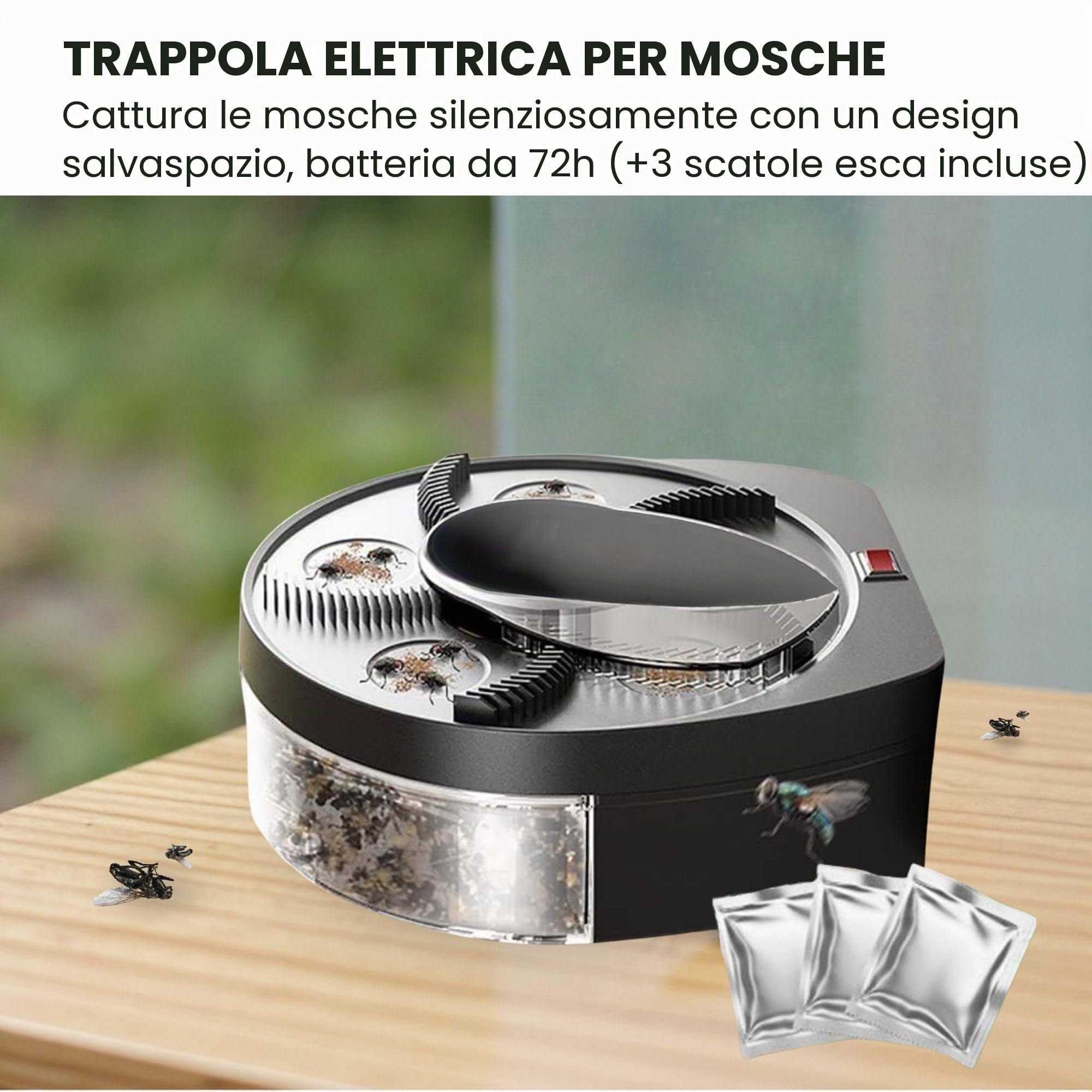 Acchiappamosche Elettrico. Trappola per Mosche Girevole a 360°, Antizanzare per Casa, Cucina, Ristorante, Hotel, Bar, Silenziosa, Batteria da 72 H (Ricaricabile con Cavo USB Inclusi)