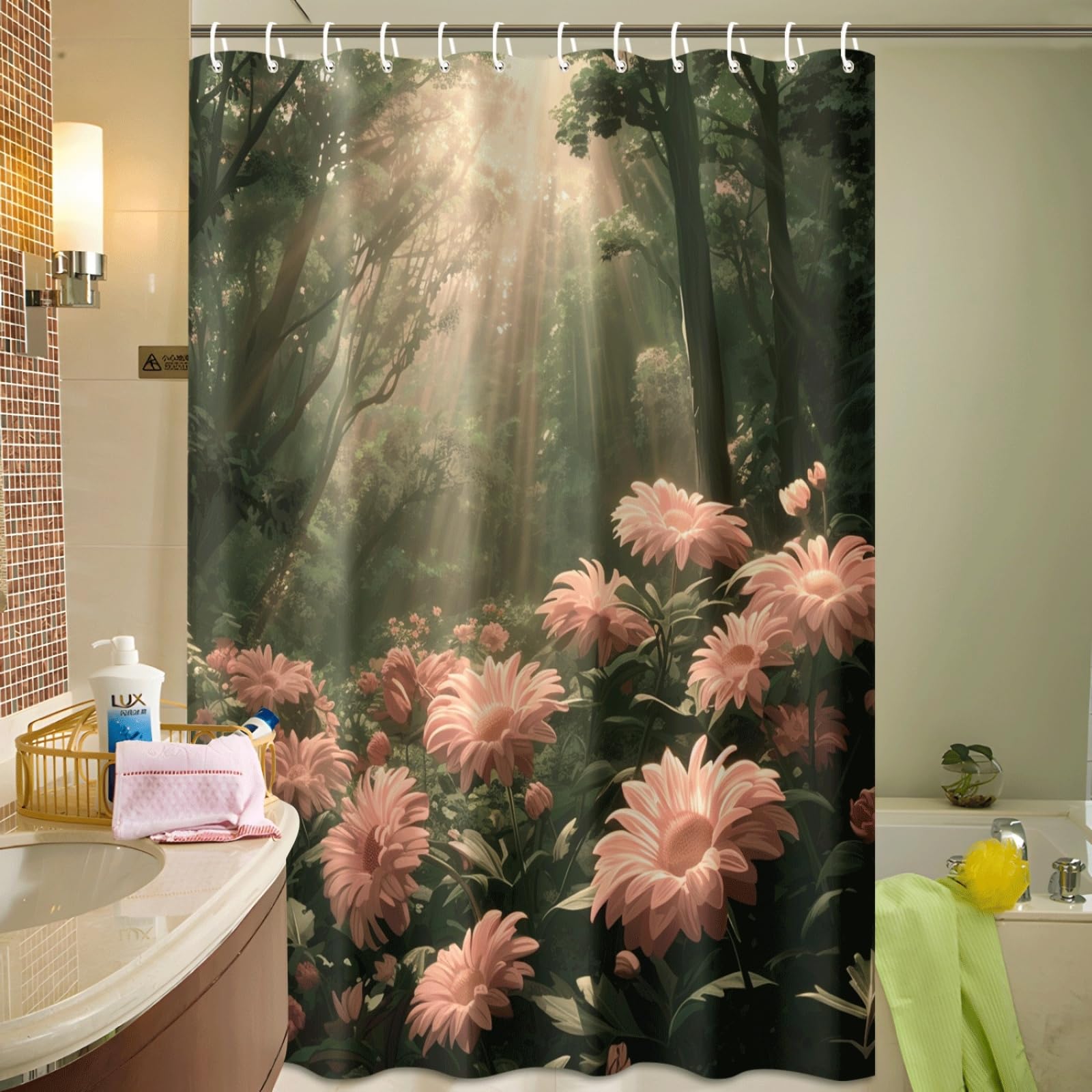 Tenda Doccia Piante Verdi Marroni Tenda Doccia Antimuffa Impermeabile Poliestere Lavabile con 12 Ganci Facile da Installare Tende Finestra Bagno per Dormitorio Hotel(180x220cm)