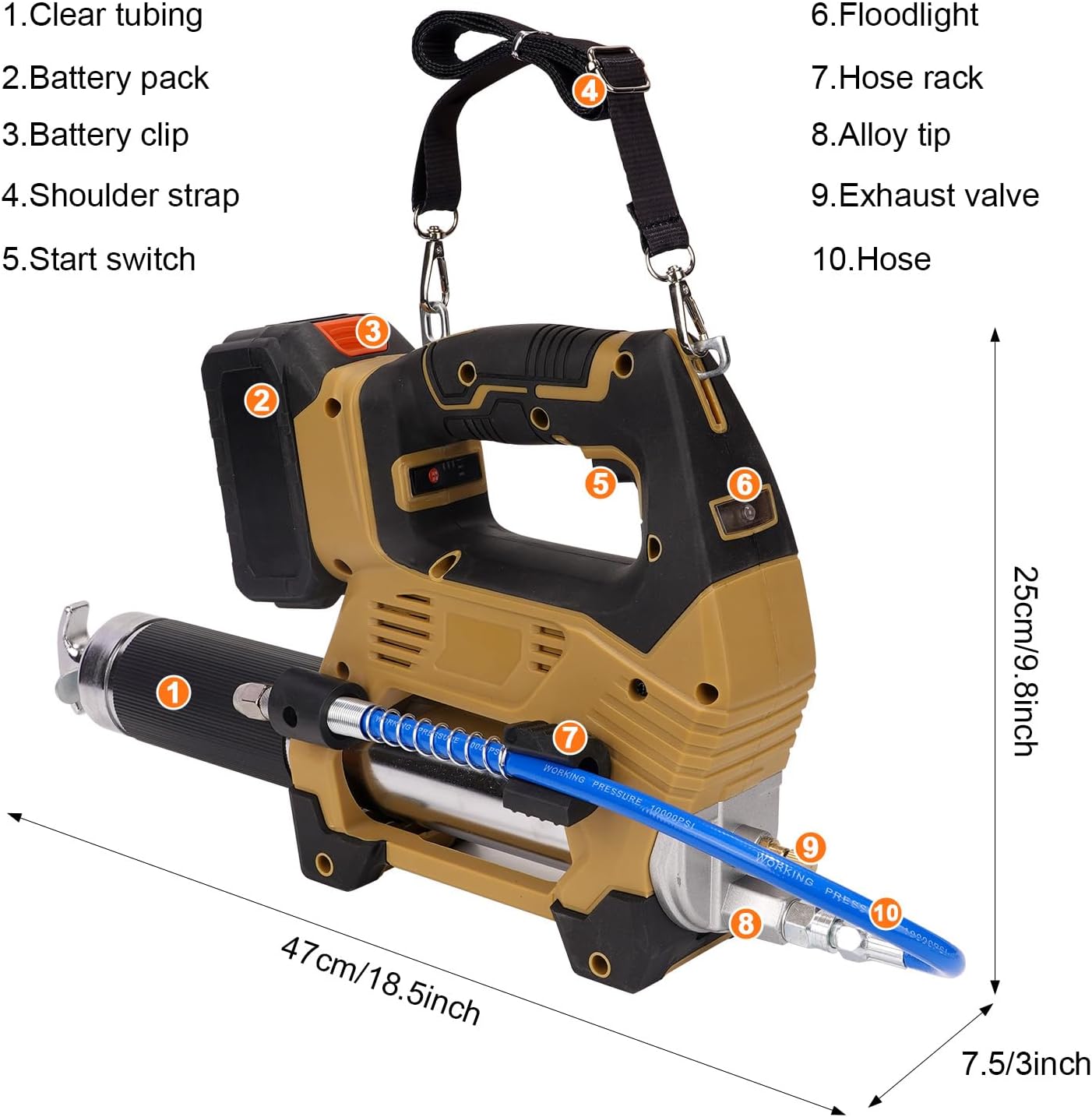 Cordless Grease Gun with Battery & Case, 10000PSI Battery-Powered Electric Grease Gun, 3-Speed, 12" Hose, LED Light, Ideal for Automotive, Truck, Tractor, Heavy Machinery Greasing 21V Tool