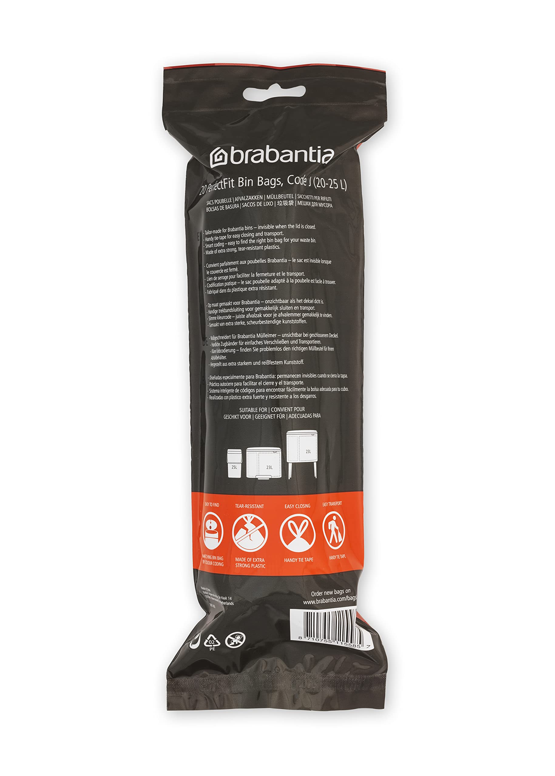 Brabantia Sacs Poubelle PerfectFit Multipack (Code J - 20L / 25L), Ultra Résistant, Poignées Coulissantes, 6 rouleaux (120 Sacs)