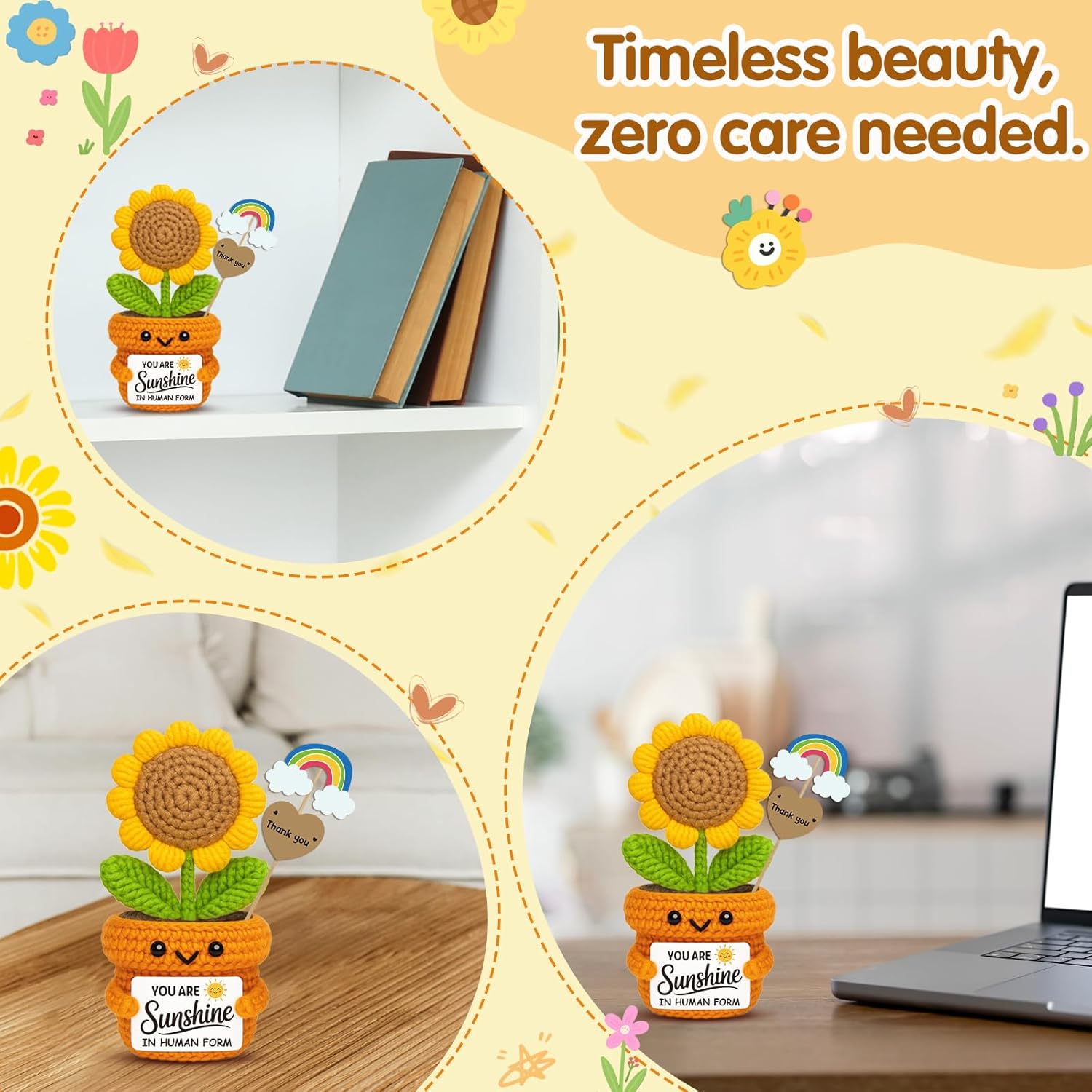 Positive Mini Crochet Sunflower Christmas Desk Decor – You Are Sunshine – Appreciation Gift for Coworker, Teacher, Friend, Employee – Encouragement Plush for Office, Birthday, Thanksgiving - Image 5