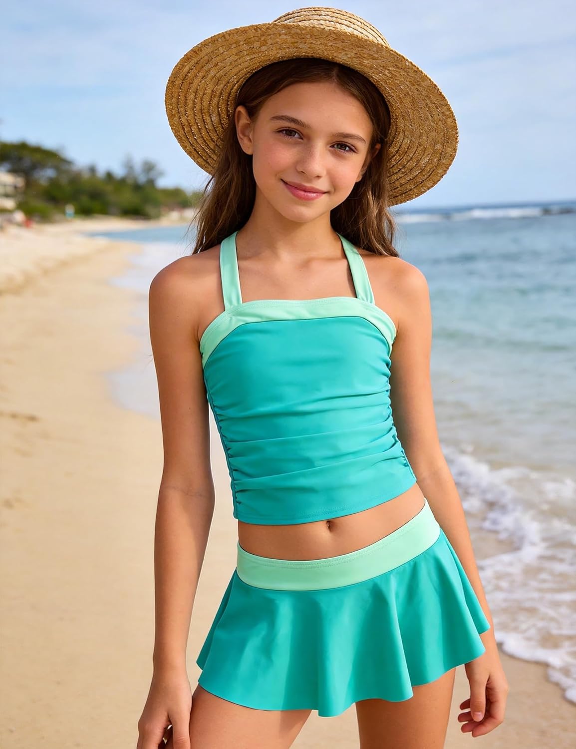 Girls Swimsuit 2 Piece Tankini Swimsuit Drawstring Colorblock Swim Skorts Girl Bathing Suit for 7-16Y
