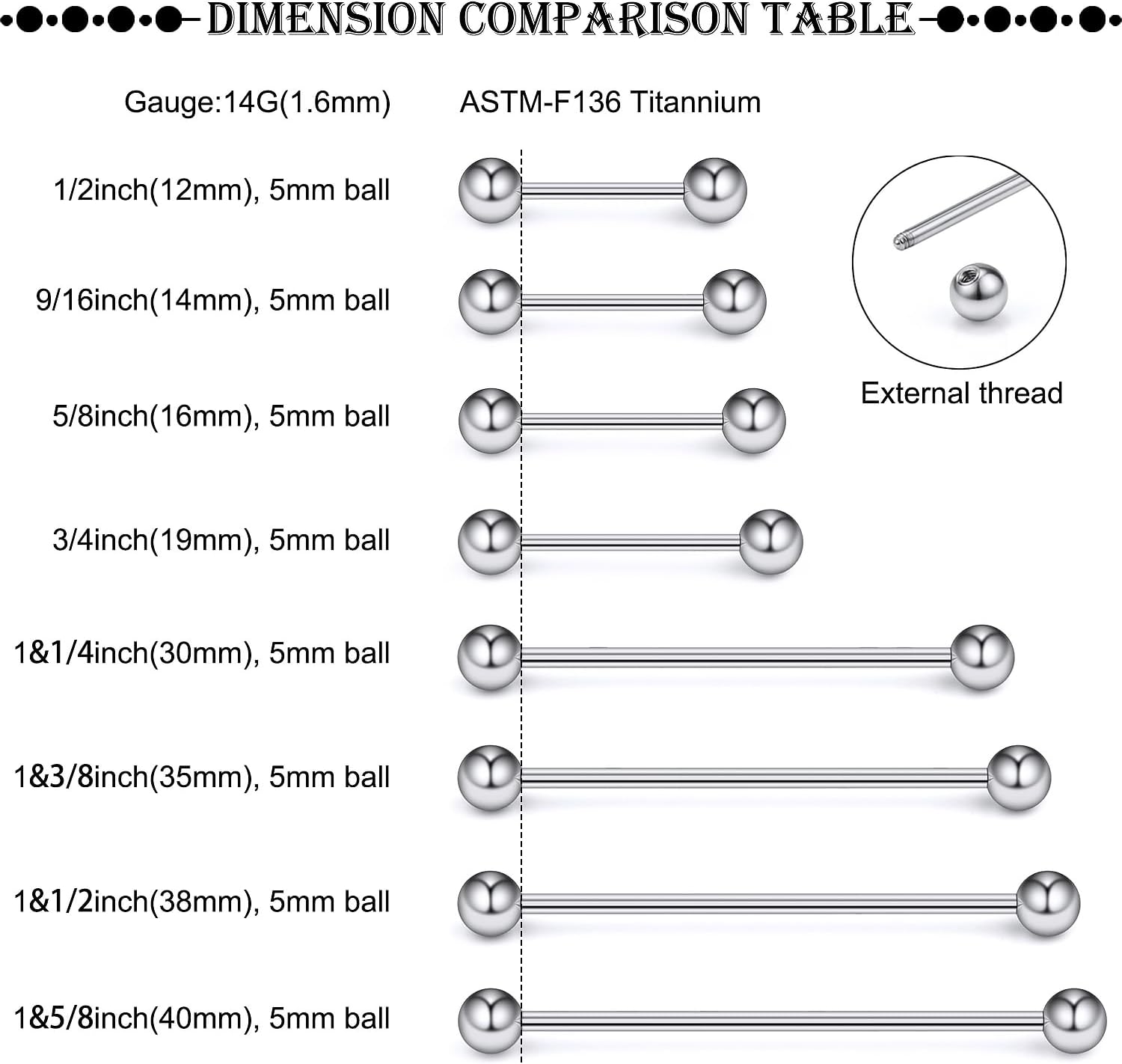 14G 16G ASTM F136 Titanium Nipple Tongue Rings Straight Industrial Earring Barbell G23 Implant Grade Solid Titanium Nipple Tongue Cartilage Bars Piercing Jewelry for Women Men 12mm - 40mm - Image 4