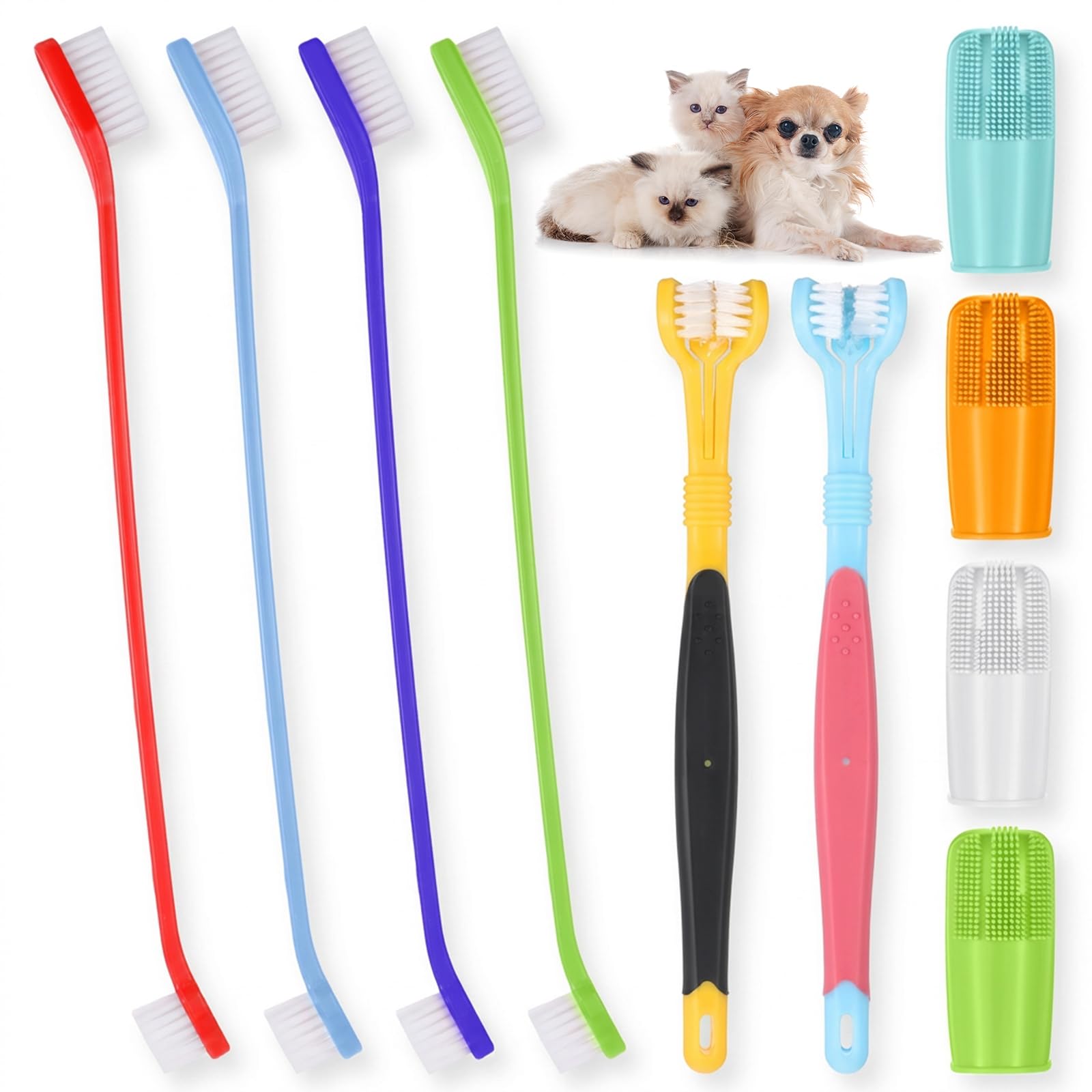 HJZHII 10 Pack Dog Tooth Brushing Kit, Pet Dog Toothbrush 2 Triple Head Pet Toothbrushes 360 Degree Finger Toothbrushes 4 Double Head Tooth Brush Dental Cleaning Brushes for DogCat Oral Dental Health