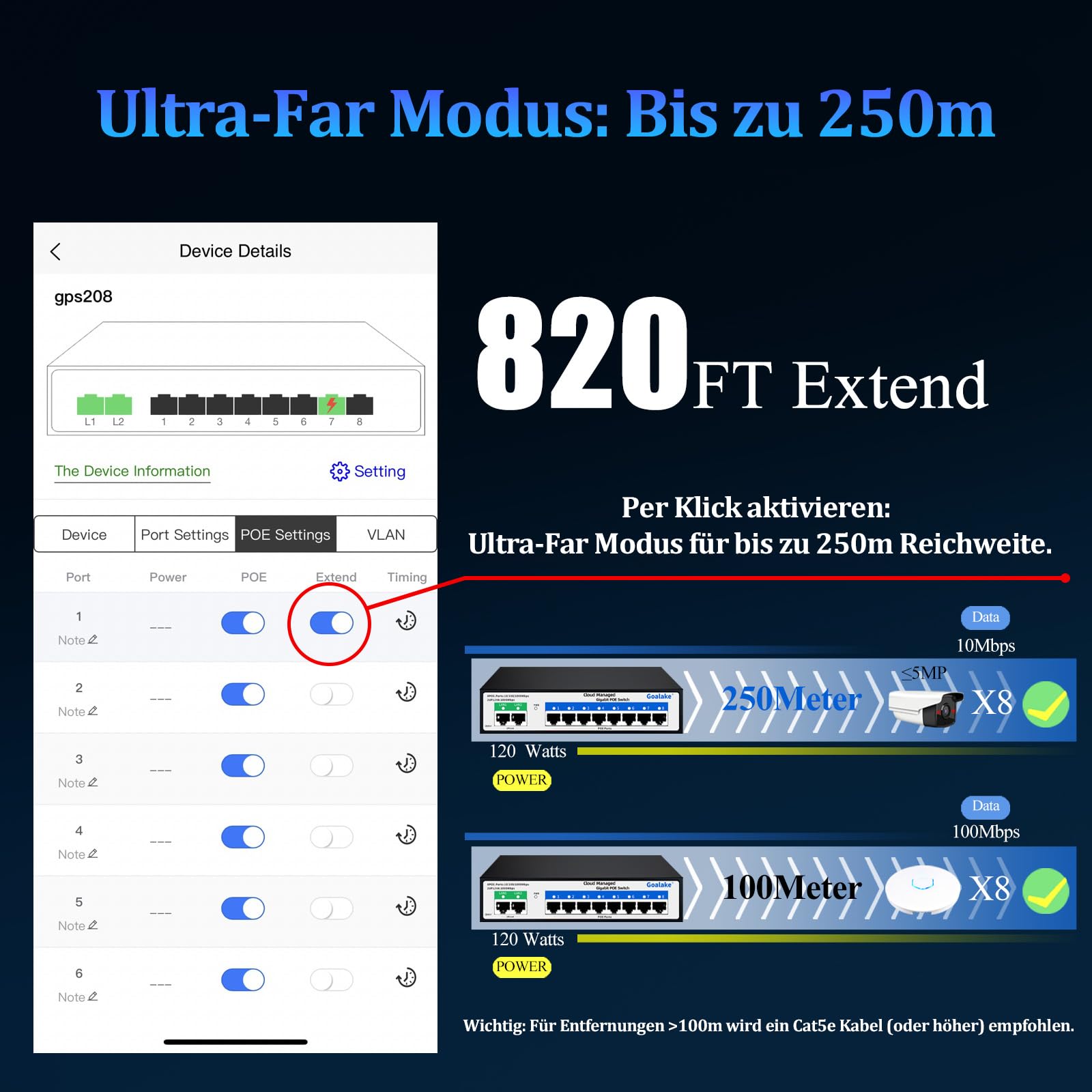 Goalake Switch PoE+ de 10 Puertos - 8 Puertos PoE a 120W, 2 Gigabit Uplink, 802.3af/at - Gestionado en la Nube, App Fácil, Detección en la Nube, VLAN